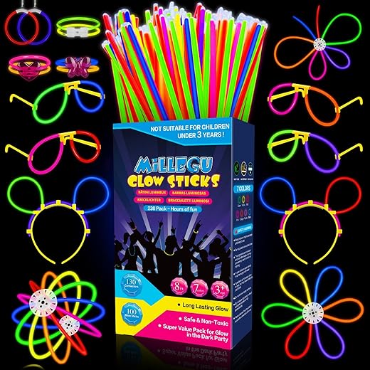 Pulseras Luminosas Fluorescentes, 230 Pack Fiesta, 100 Neon Palos Luminosos & 130 Conectores para Crear Pulseras Gafas Flores Collares, Cotillon Nochevieja Fiesta Decoracion Navidad