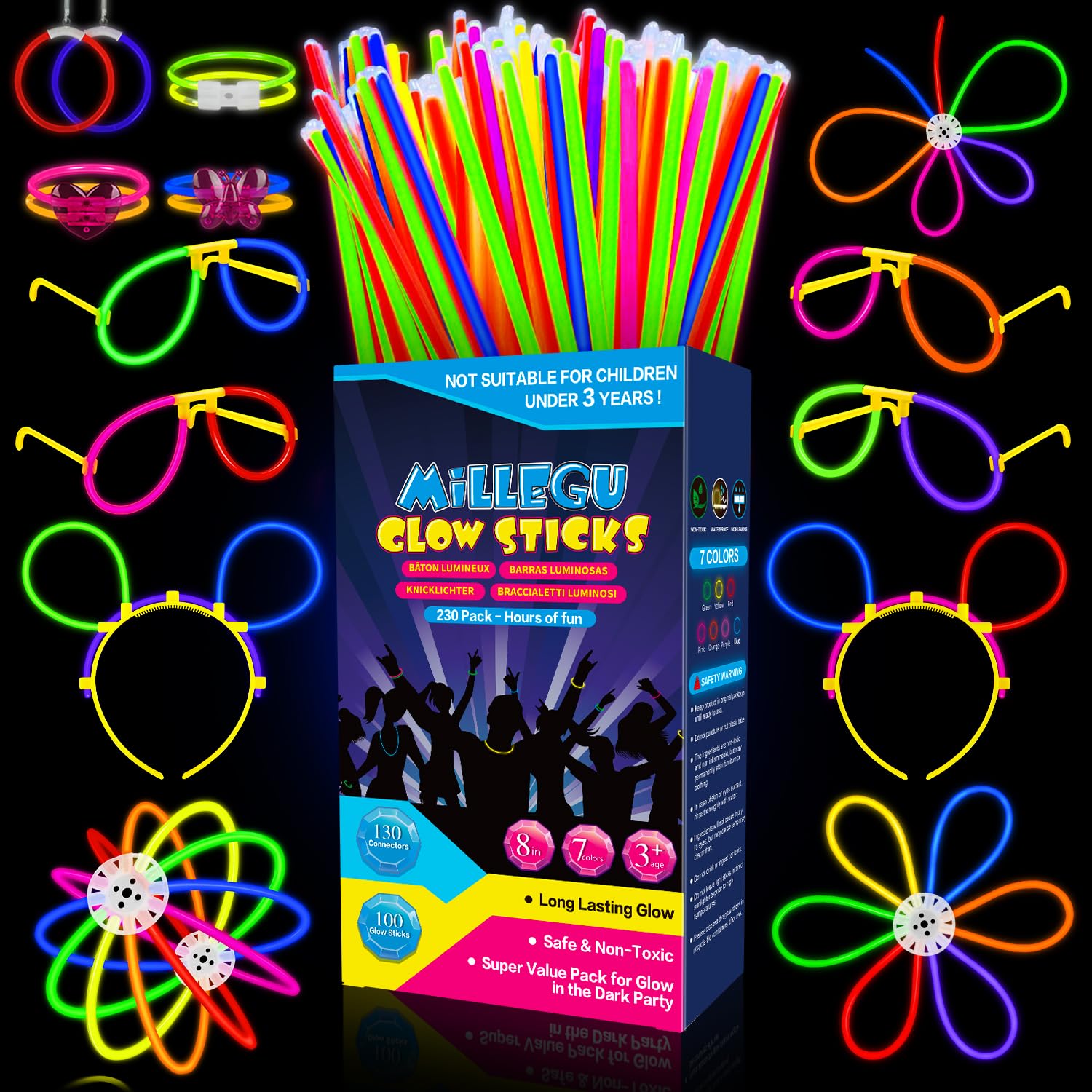 Millegu Glow in the Dark Bracelets, 230 Party Pack of 100 Fluorescent Sticks & 130 Connectors Make Glasses Necklaces Balls Balls for Children Adults, Christmas Decorations Party Favors New Year 2025