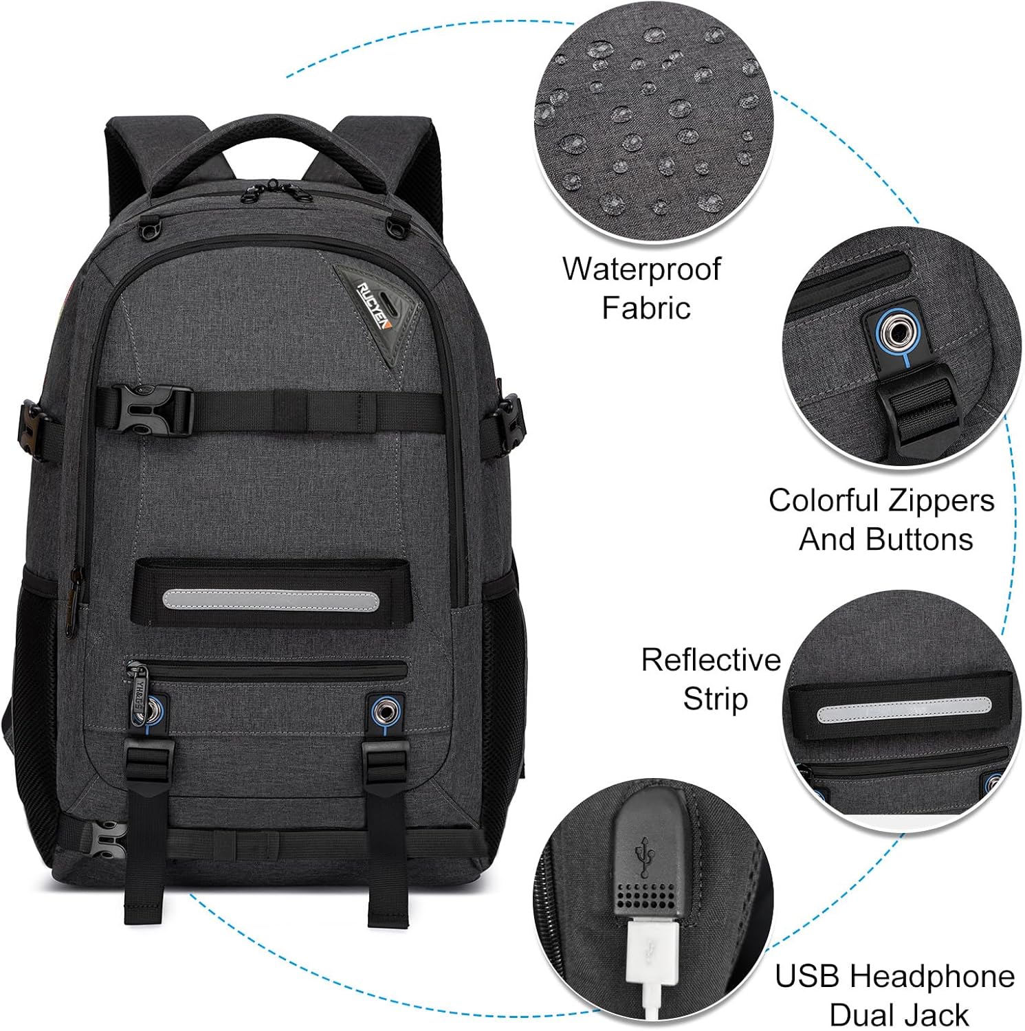 Skateboard Backpack, Laptop Backpack with USB Charging Port, RFID Anti-Theft Lock, Waterproof Fabric, Fits up to 15.6 Inch Laptop, for Business Travel Men(Dark Grey)