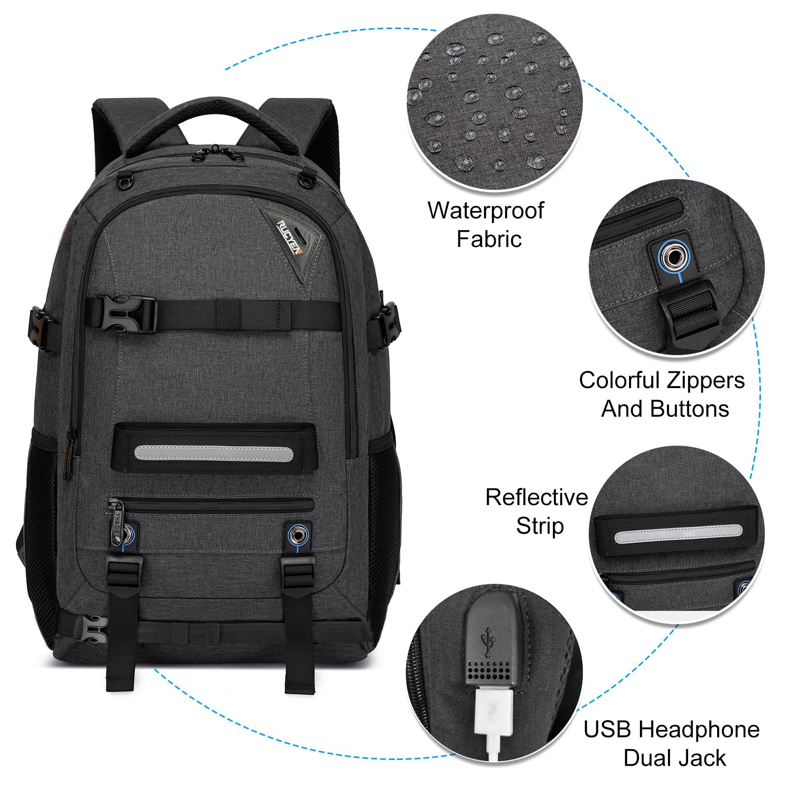 RUCYEN Sac à dos pour skateboard, ordinateur portable avec port de charge USB, convient pour ordinateur portable jusqu'à 15,6", pour les voyages, gris foncé, 15.6, Sports