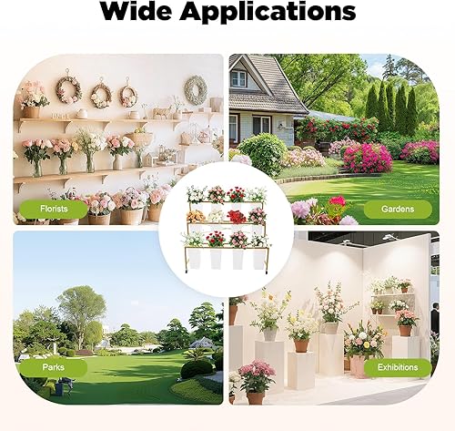 Miniatura 7 de Soporte de exhibición de flores con 12 cubos, soporte de exhibición de carrito de flores de 3 capas con ruedas, estante de carrito de plantas