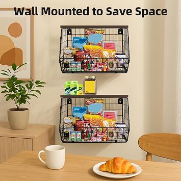 2-Pack Hanging Fruit Basket for Kitchen, Wall Mounted Metal Wire Storage Bins w/Wood Lid, Banana Hook, Stackable Vegetable Organiser for Countertop Pantry Produce Fruits Onion and Potato