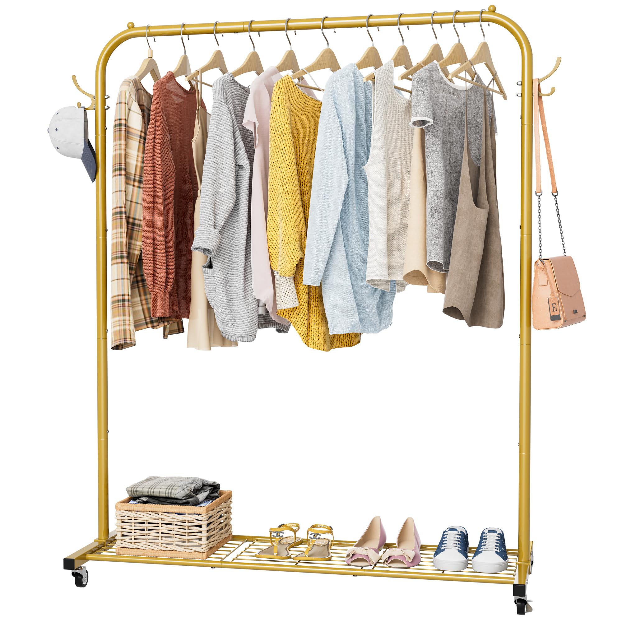 Clothes Rail, Portable Clothes Rack with Hook and Metal Storage Shelf, Heavy Duty Clothes Rail on Wheels, Clothing Rail Clothes Rails for Bedroom, Hanging Rails for Clothes, Holds up to 40 kg, GoldenClothes Rail, Portable Clothes Rack with Hook a…