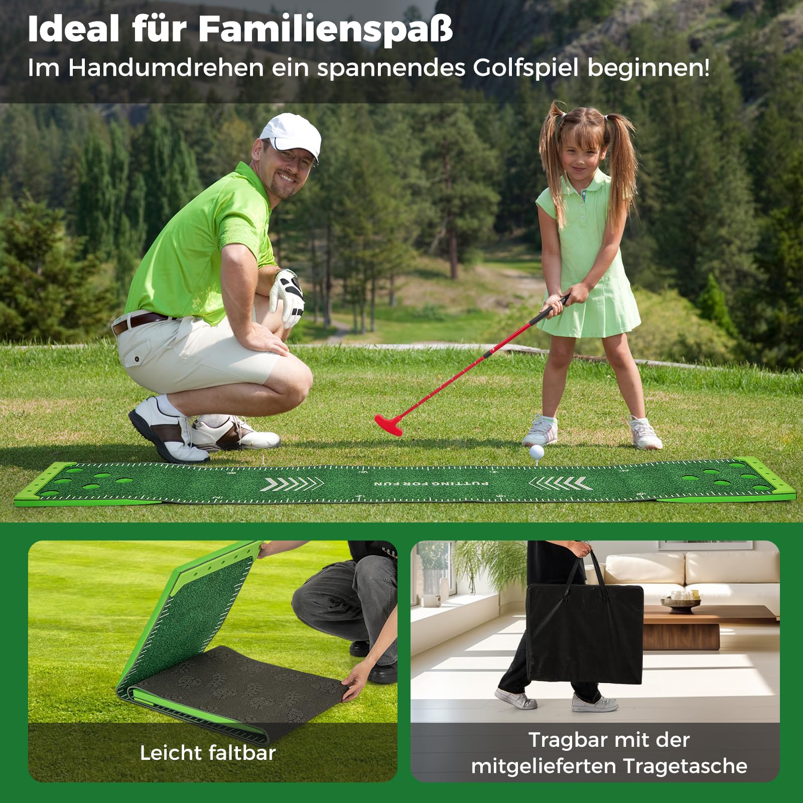 GYMAX Golf Puttingmatte, tragbare Golfmatte mit 2 Verstellbaren Schlägern, 6 Bällen & Tragetasche, Golf Abschlagmatte für Büro, Zuhause, Garten