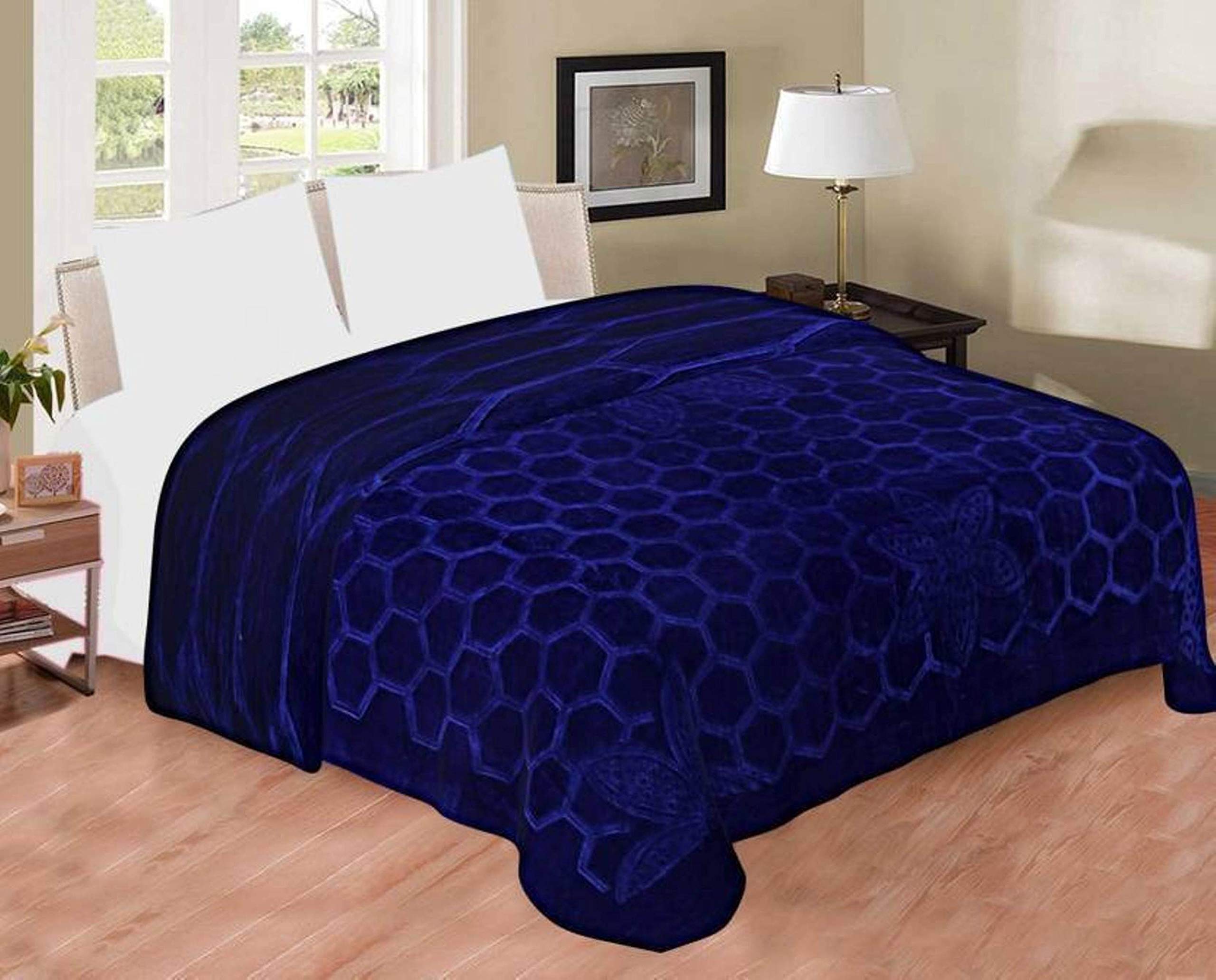 CHANGERS Embossed Blankets,Quilt,duvets,dohar Solid Colour Ultra Soft Floral Double Bed Heavy Mink Winter Blanket (Blue)-image-43