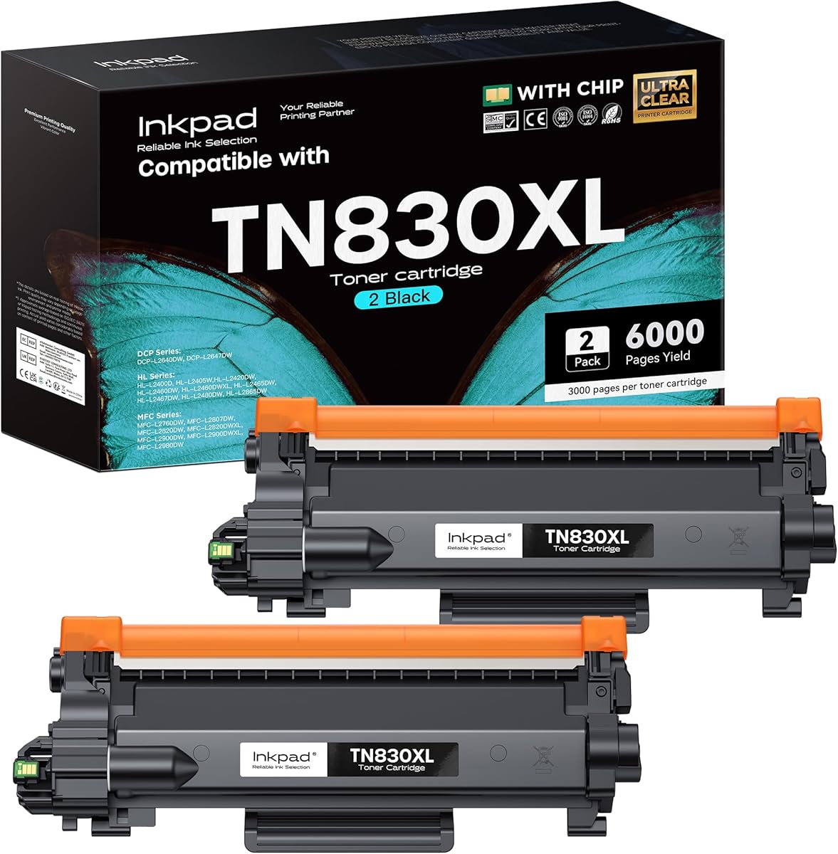 (with CHIP) TN830 TN830XL 830XL Toner Cartridges Replacement for Brother TN830XL,Print up to 3,000 Pages per Toner- Compatible with HL-L2400D HL-L2405W HL-L2460DW HL-L2460DWXL(2 Pack, Black)