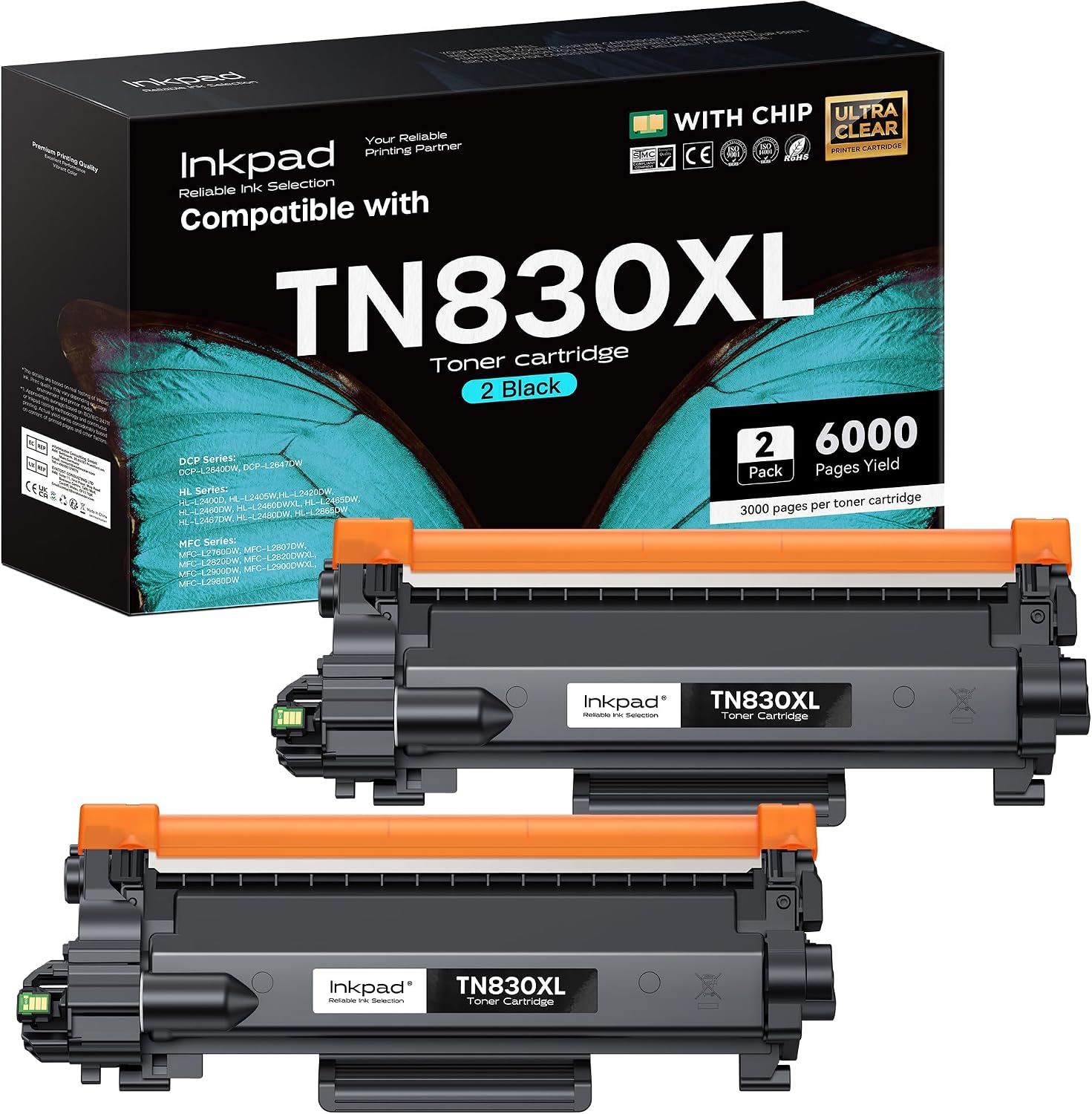 TN830XL TN830 Toner Cartridges for DCP-L2640DW HL-L2460DW, 2 Pack Black