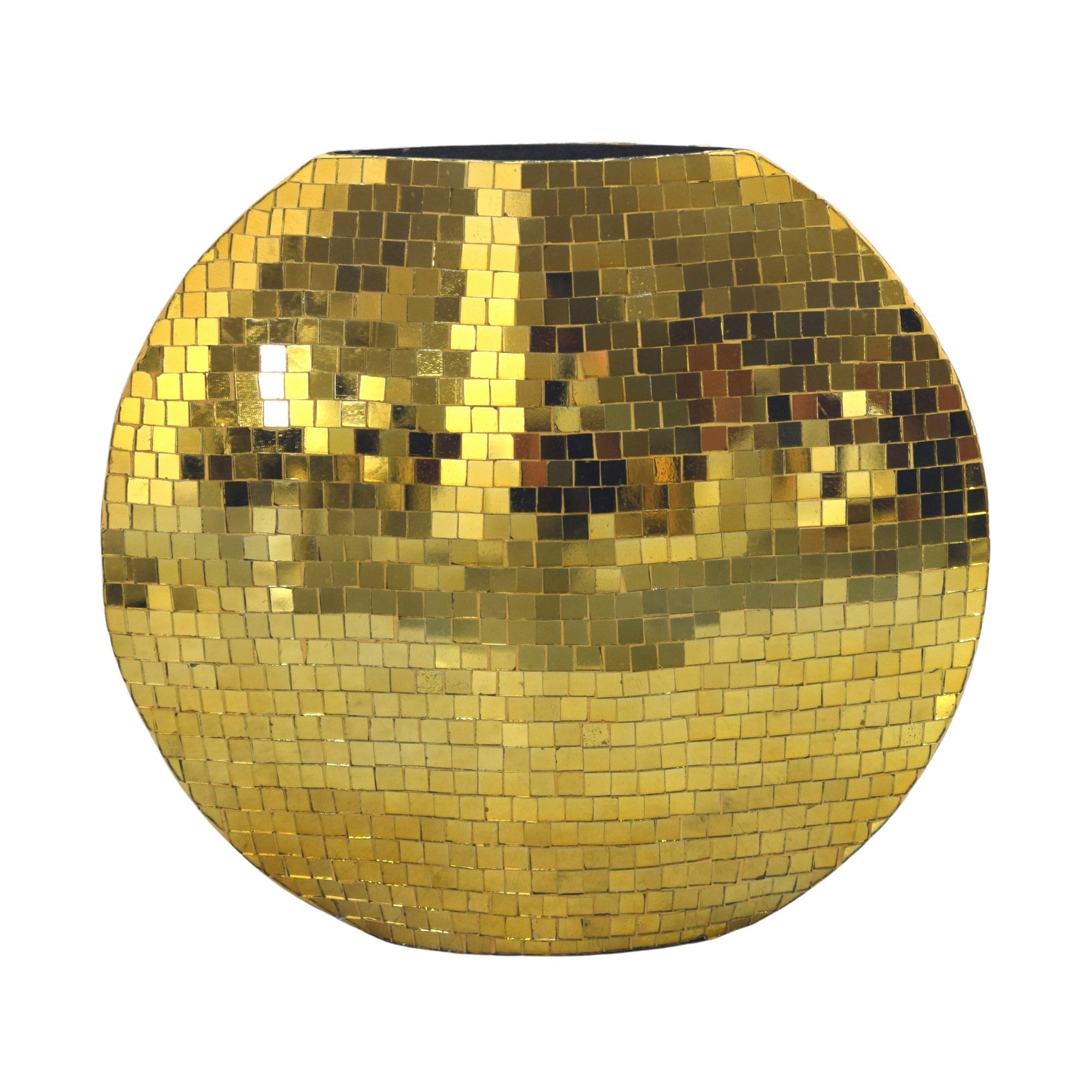 FineBuy Tischvase 40 cm Metall Gold mit Mosaik-Oberfläche | Dekovase rund und flach, Blumenvase aus Metallquadraten handgefertigt, Wohndeko für Esstisch und Sideboard