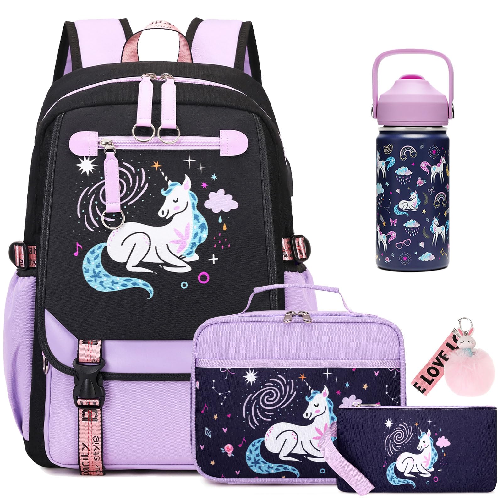 Bevalsa Kids Backpack for Girls with Insulated Water Bottle, Purple Cute Bookbag for Girls Kid, 14oz Termos Kids Water Bottle, Insulated Lunch Bag & Pencial Case, Back To School Gift (Unicorn)