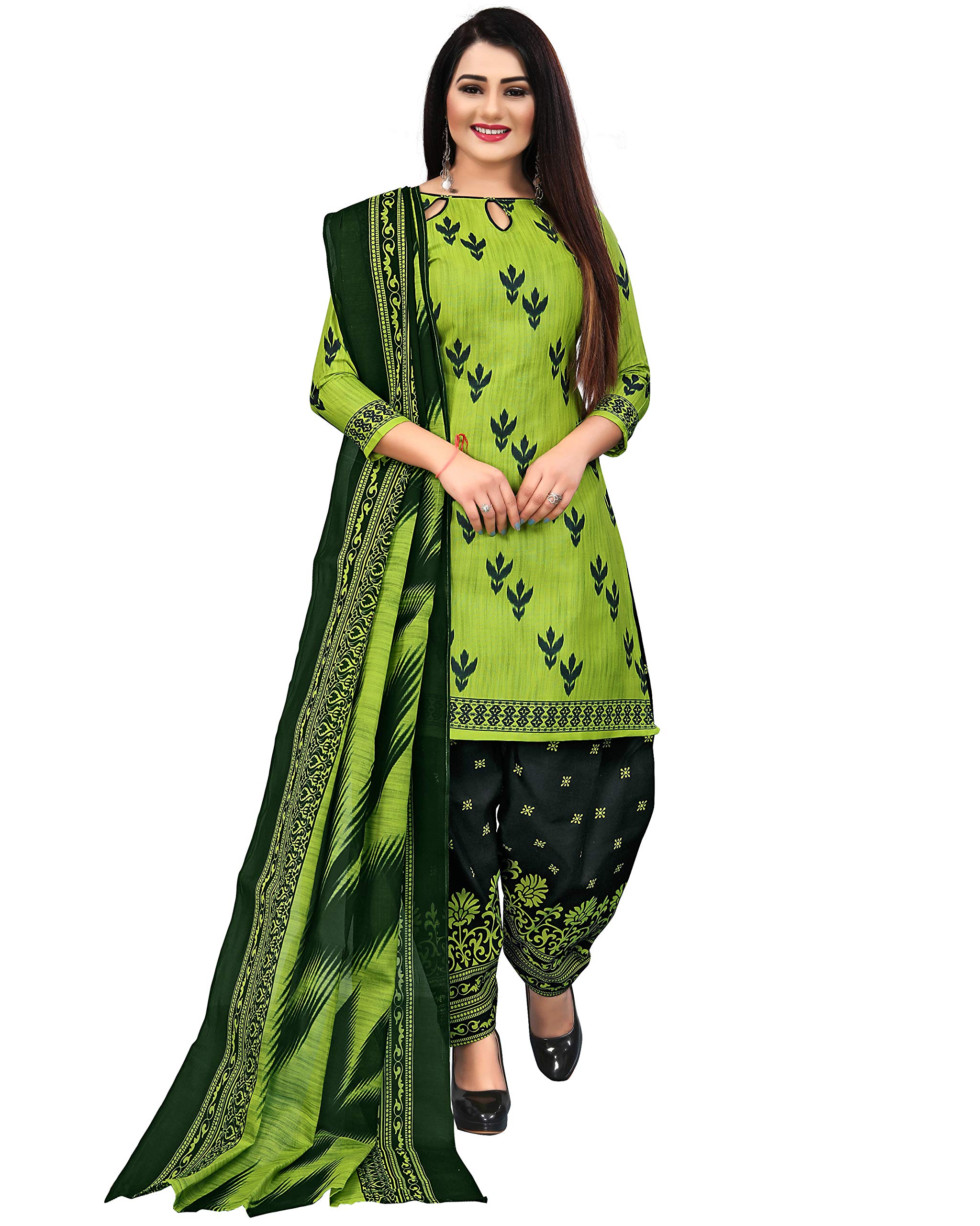 Women's Parrot Green Cotton Printed Unstitched Salwar Suit Material-image-38