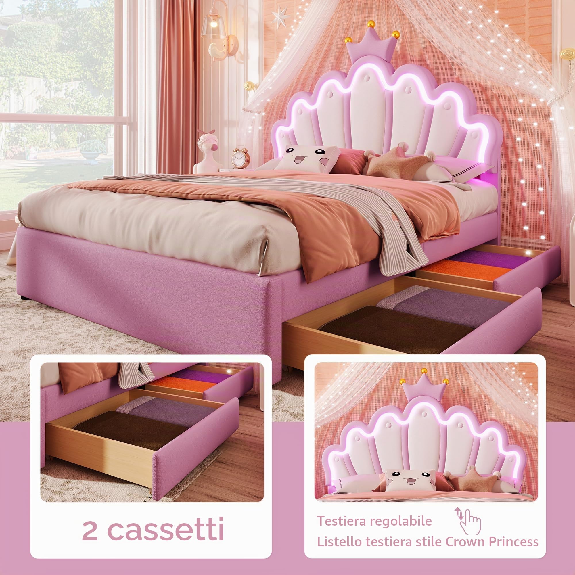 Letto imbottito, luce ambiente telecomandata, letto con 2 cassetti, letto principesse a forma di corona, testiera regolabile, PU (senza materasso) (rosa, 140 x 200 cm)
