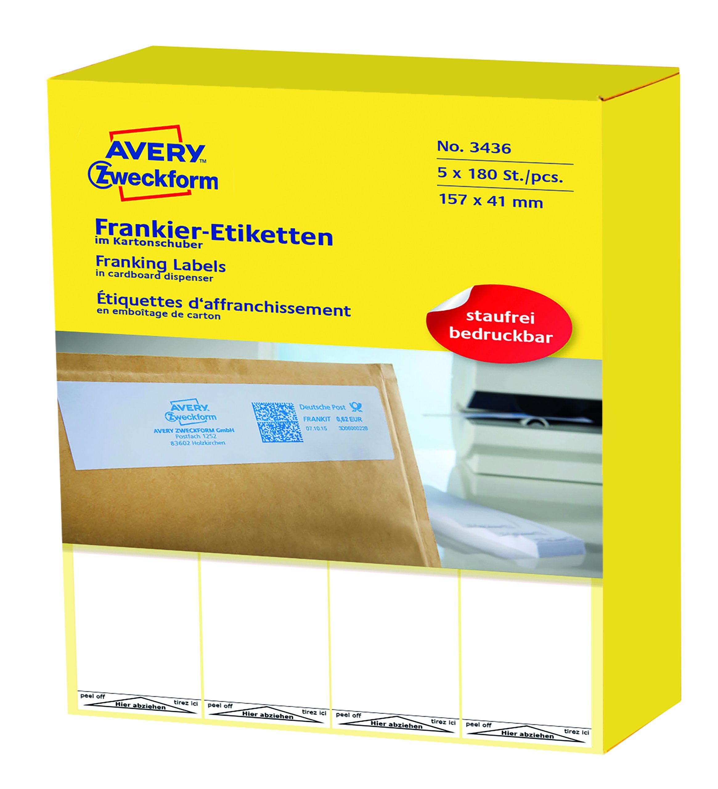 AVERY Zweckform 3436 etykiet frankiera (papier matowy, 900 etykiet, 157 x 41 mm) 1 opakowanie białe