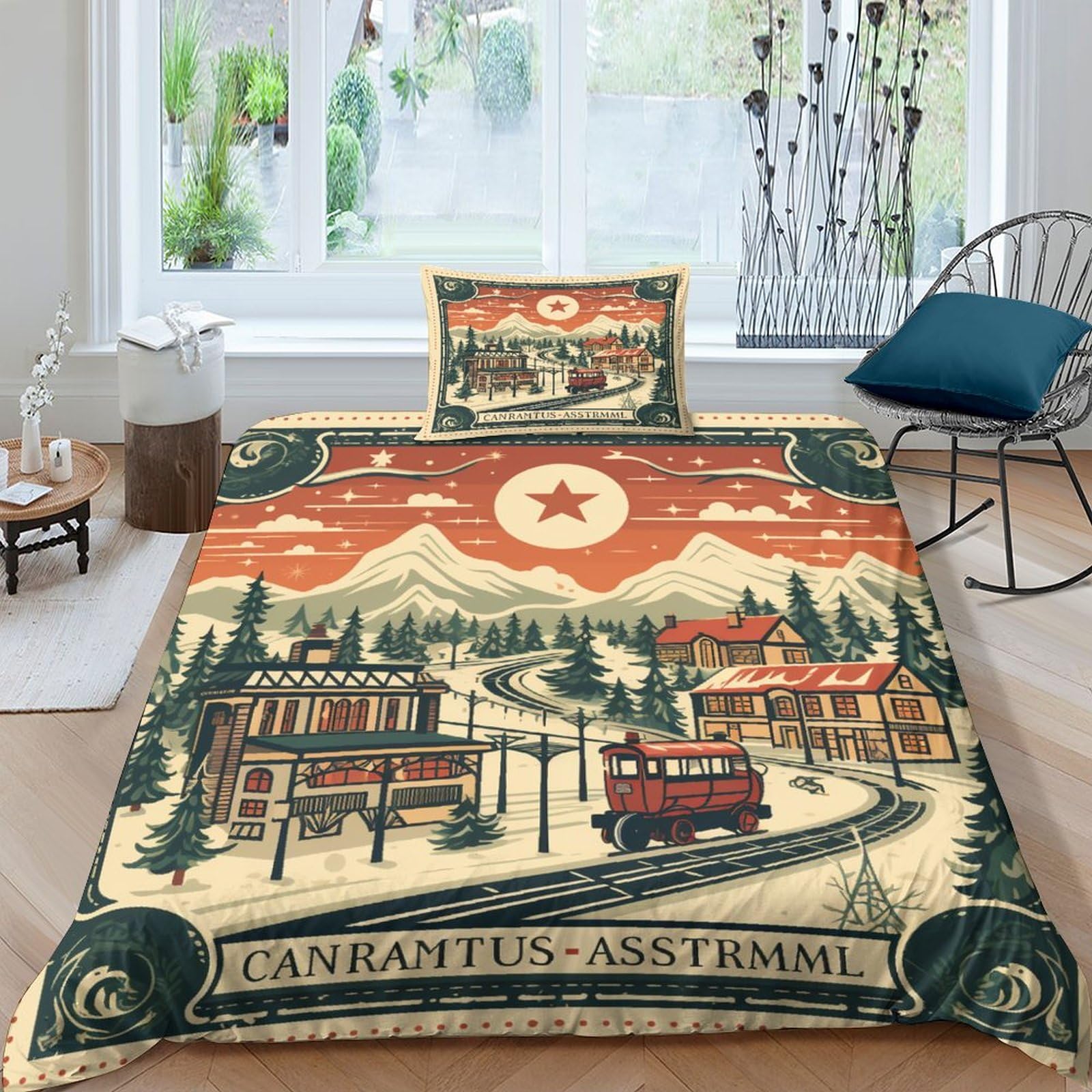 Housse de couette Noël vintage 135x200cm avec 2 taies de lit