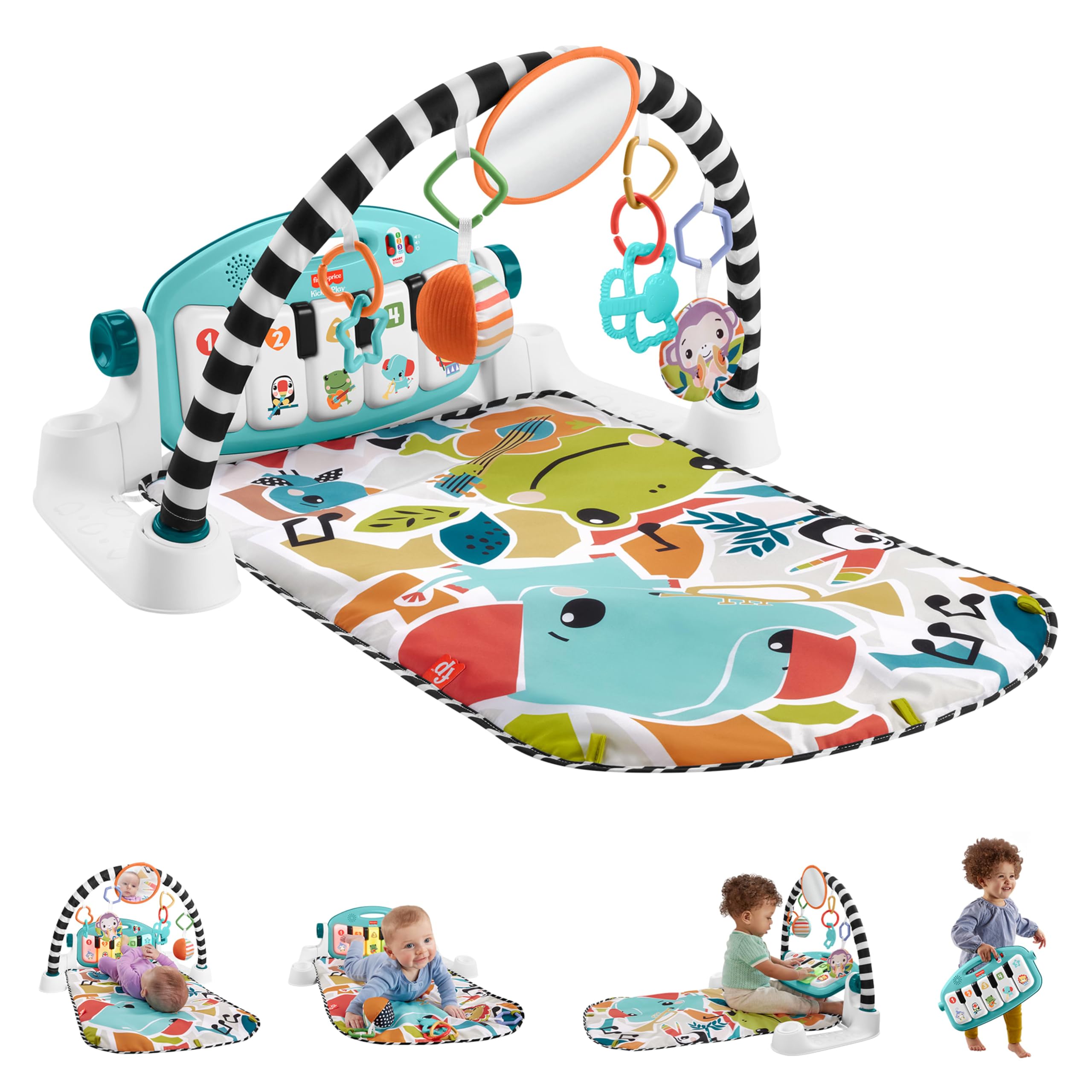 Fisher-Price Mata edukacyjna z pianinkiem Muzyczne zwierzątka, przenośna zabawka muzyczna z Poziomami nauki dla dzieci od narodzin, polska wersja językowa, HWY57