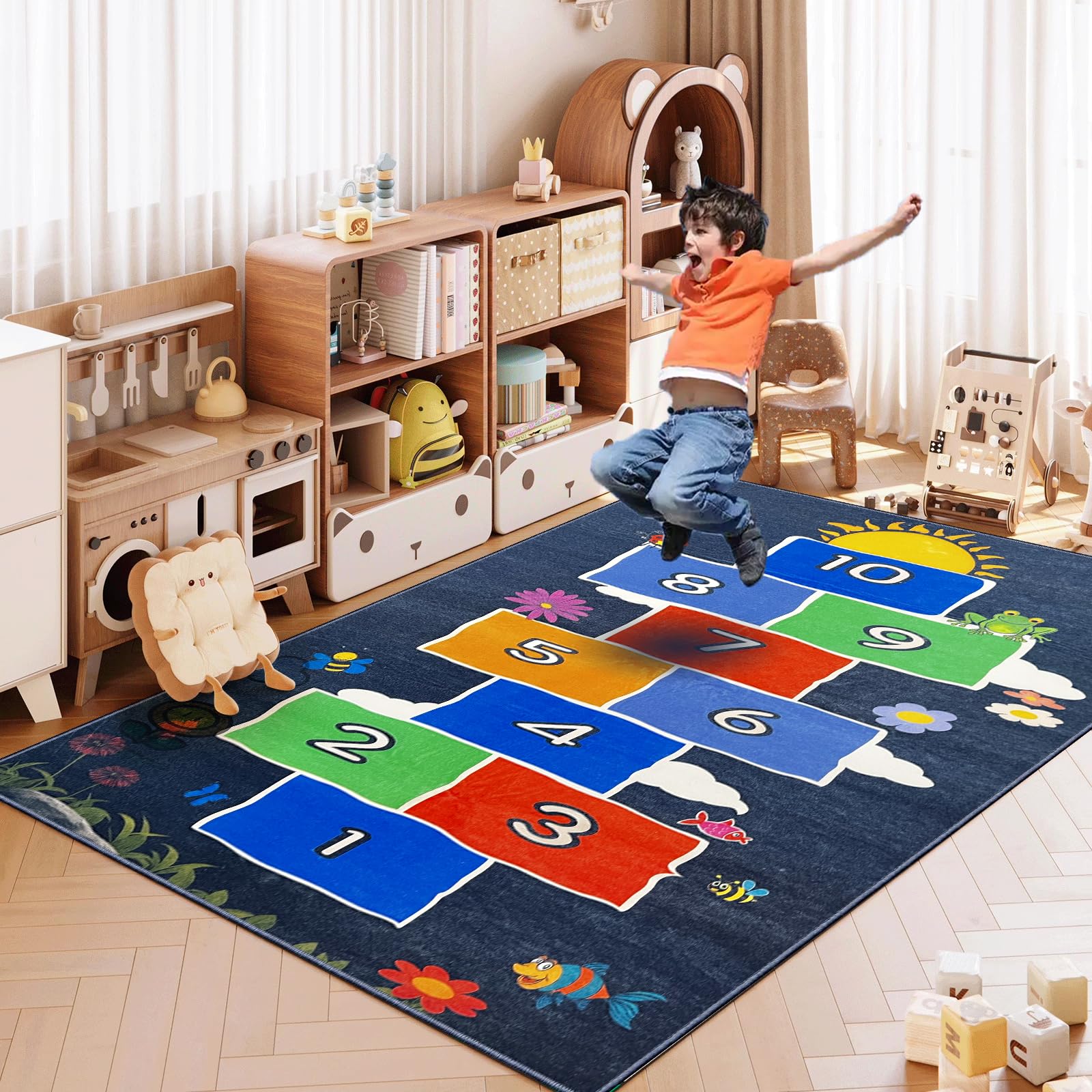 Tapis de jeu marelle pour enfants, jeu de sol amusant pour jeu actif et motricité, tapis antidérapant et lavable pour salle de jeux, tapis éducatif pour tout-petits et enfants (marelle