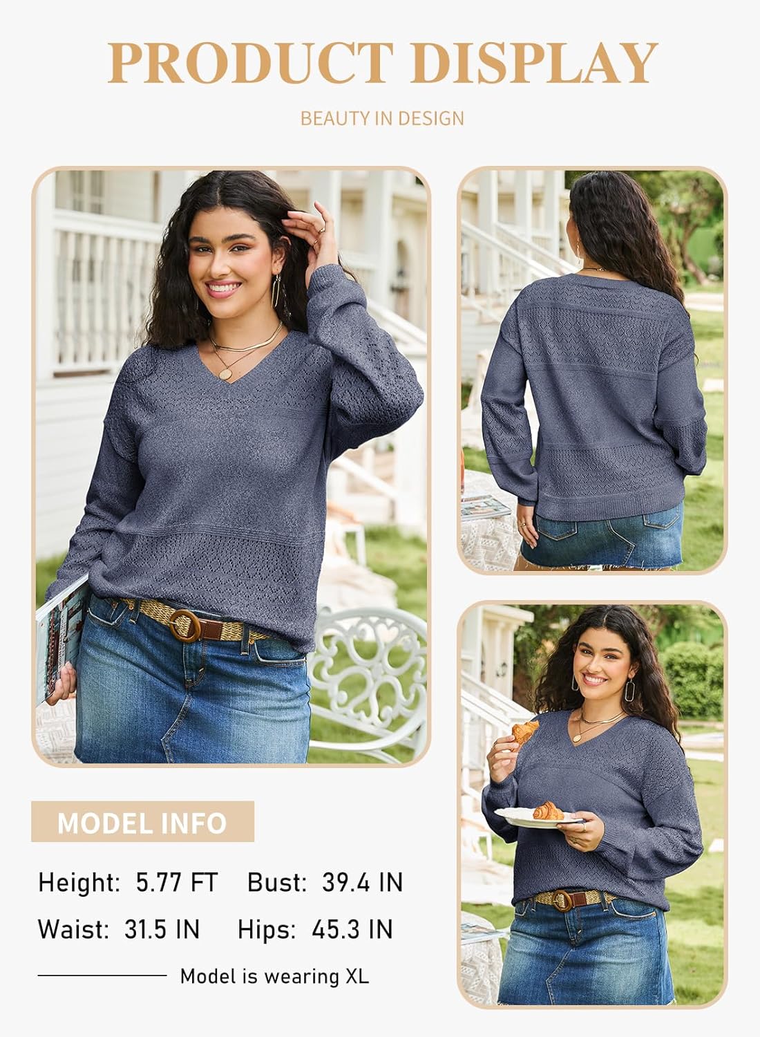 Eytino Womens Plus Size Sweater Casual Long Sleeve V Neck Crochet Knit Lightweight Pullover Sweater Tops(1X-5X) - Image 3
