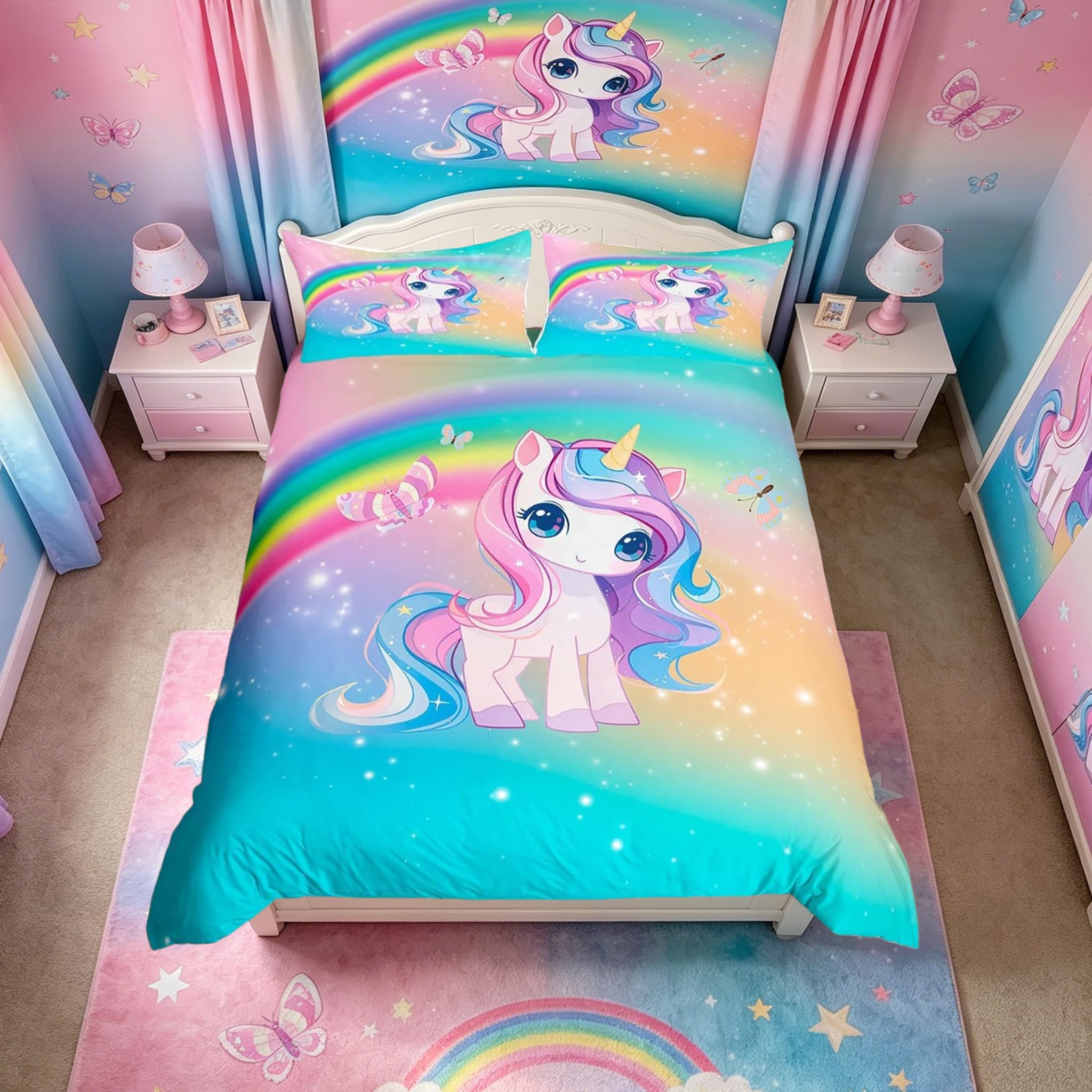 Homemissing Unicorn Kids Bedding Set,Boys Girls Teens Single Size,Girls Cute Unicorn Glitter Duvet Cover Set,Rainbow Printed Duvet Cover with 1 Pillowcase,Cute Animal Bedroom Decor