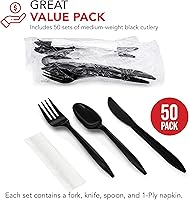 Vista 3 de Party Essentials Paquetes de cubiertos de plástico envueltos individualmente, tenedor/cuchara/cuchillo/servilleta, 50