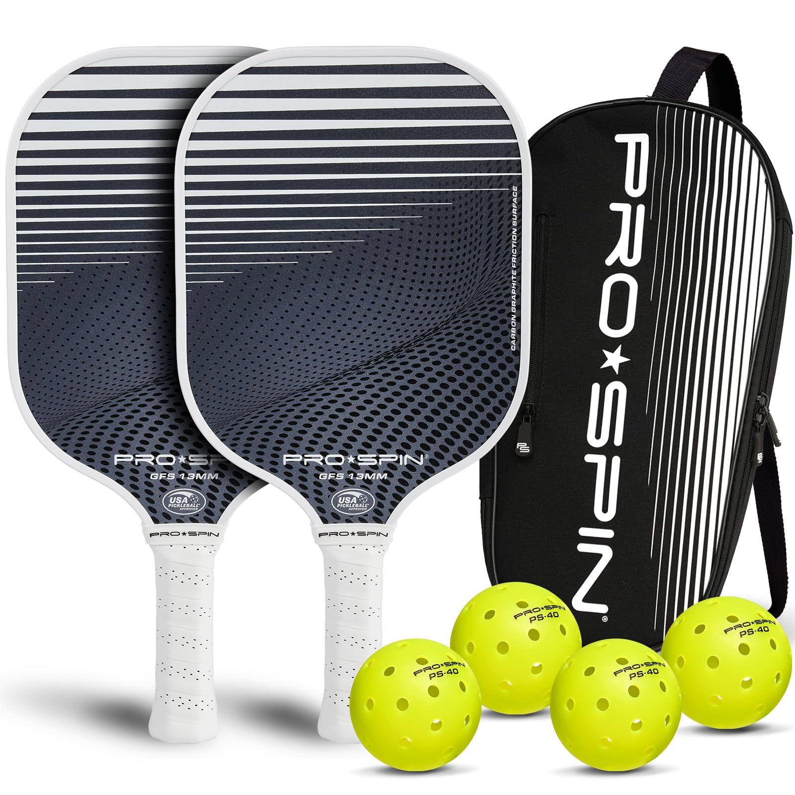 PRO-SPIN Pickleball Paddles, 1 or 2-Pack, USAPA Approved, Graphite Carbon Friction Surface - Set of 2 Includes Indoor/Outdoor Pickleballs, Premium Bag for Rackets & Balls, Raquette Pickle Ball