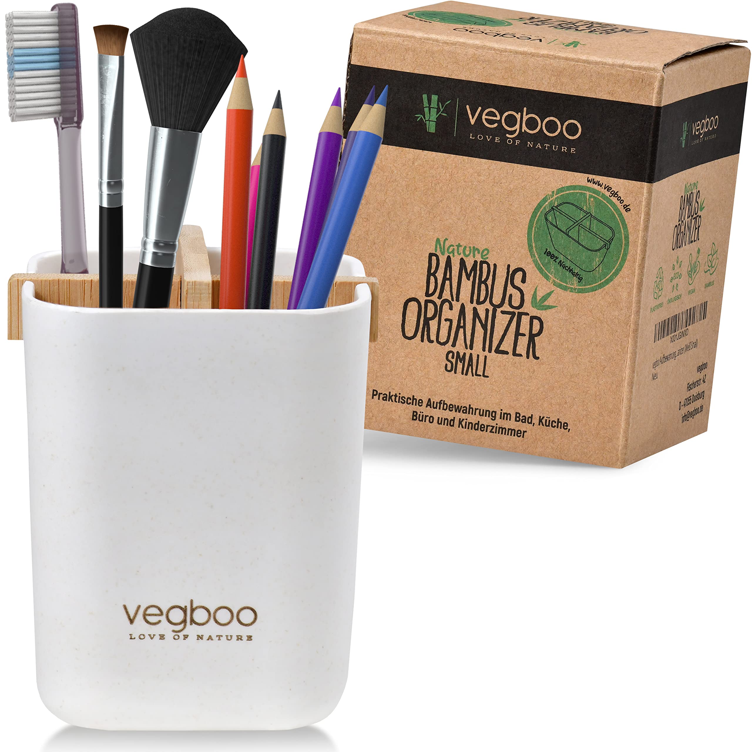 Vegboo® Organiser Small - Sustainable Bamboo Toothbrush Cup - Subtle Storage in the Bathroom for Make-Up, Toothbrushes and Razor - Ideal as a Pen Holder or Dressing Table Organiser in White