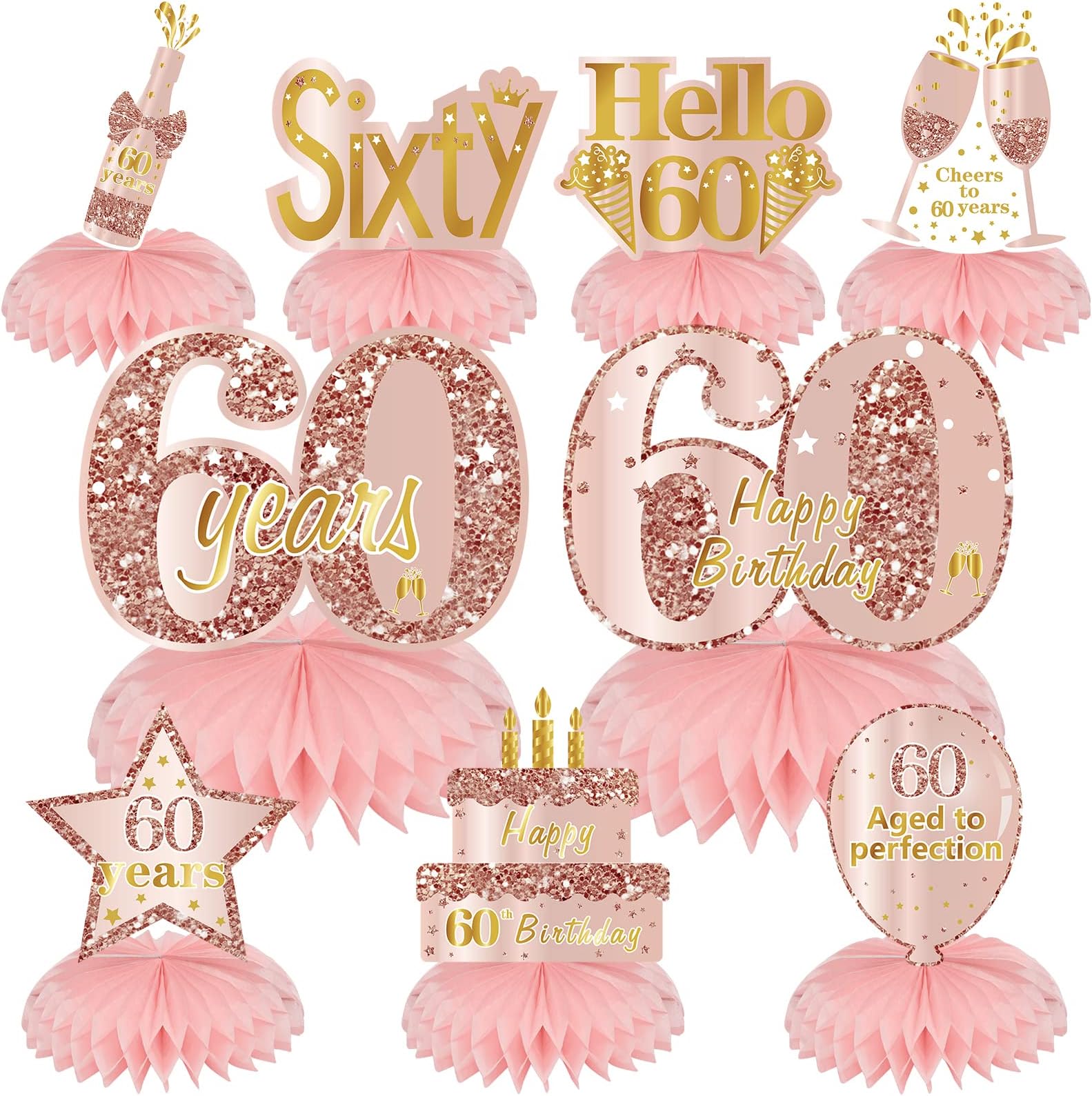 Turypaty Pink Rose Gold 60th Birthday Honeycomb Centerpieces Decorations for Women, 9Pcs Rose Gold Happy 60th Birthday Table Centerpieces Party Supplies, Sixty Year Old Birthday Table Toppers Decor