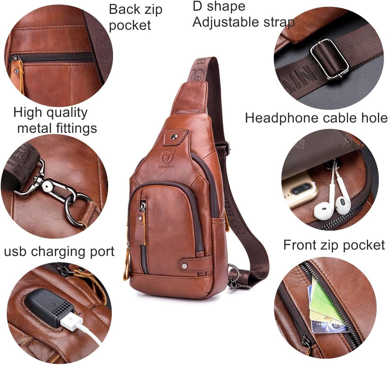 BULLCAPTAIN Leather Men Sling Bags Travel Crossbody Chest Bag Hiking Daypack with USB Charging Port Multi-Pocket - Image 4