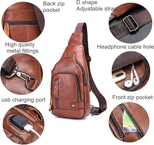 Miniatura 4 de BULLCAPTAIN Bolsas de cuero para hombre bandolera de viaje mochila de senderismo con puerto de carga USB varios bolsillos