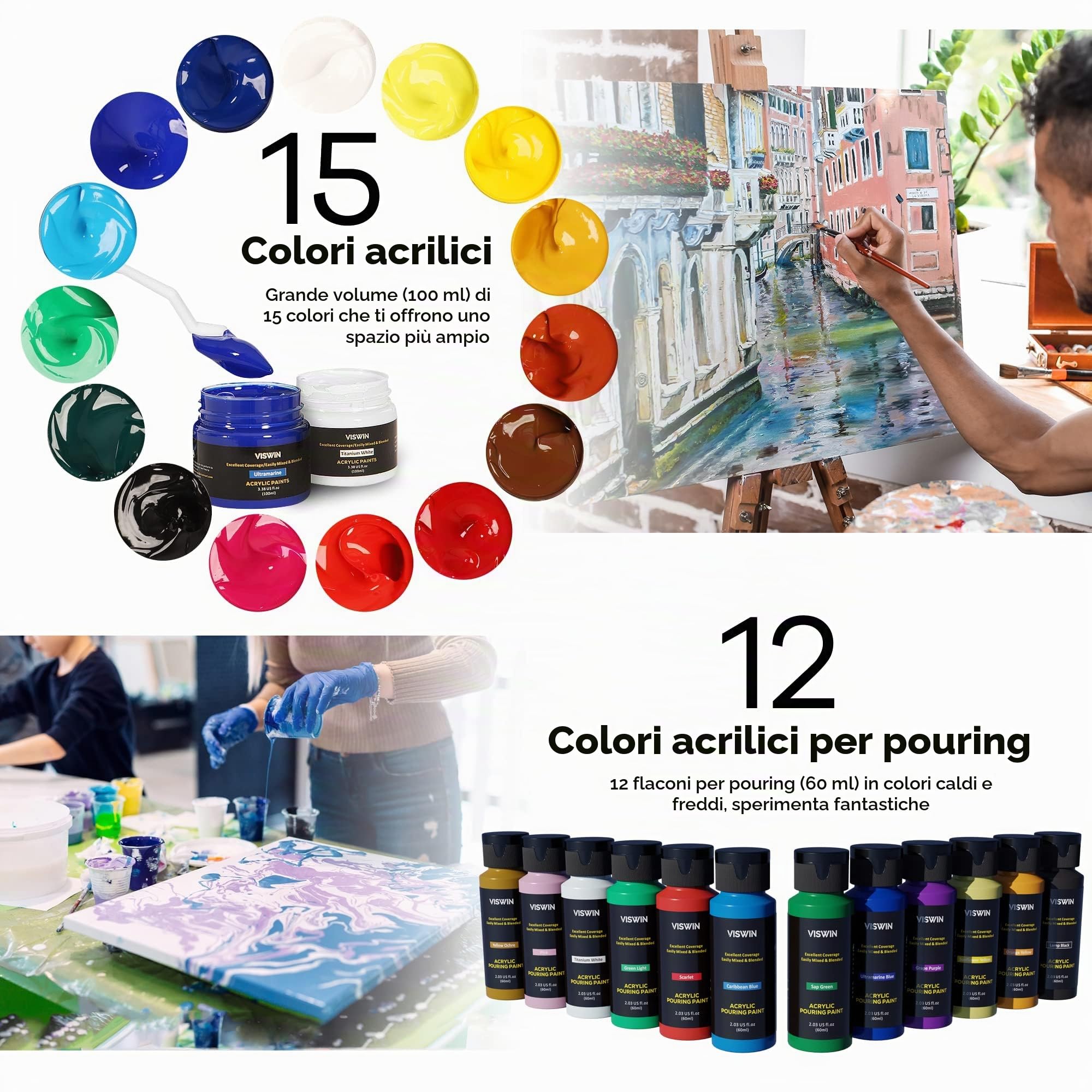 VISWIN Kit di Pittura Acrilica con Cavalletto, Set di Pittura Professionale con Acrilici & Colori Versatili, Tela & Accessori, Set per Adulti, Bambini, Artisti