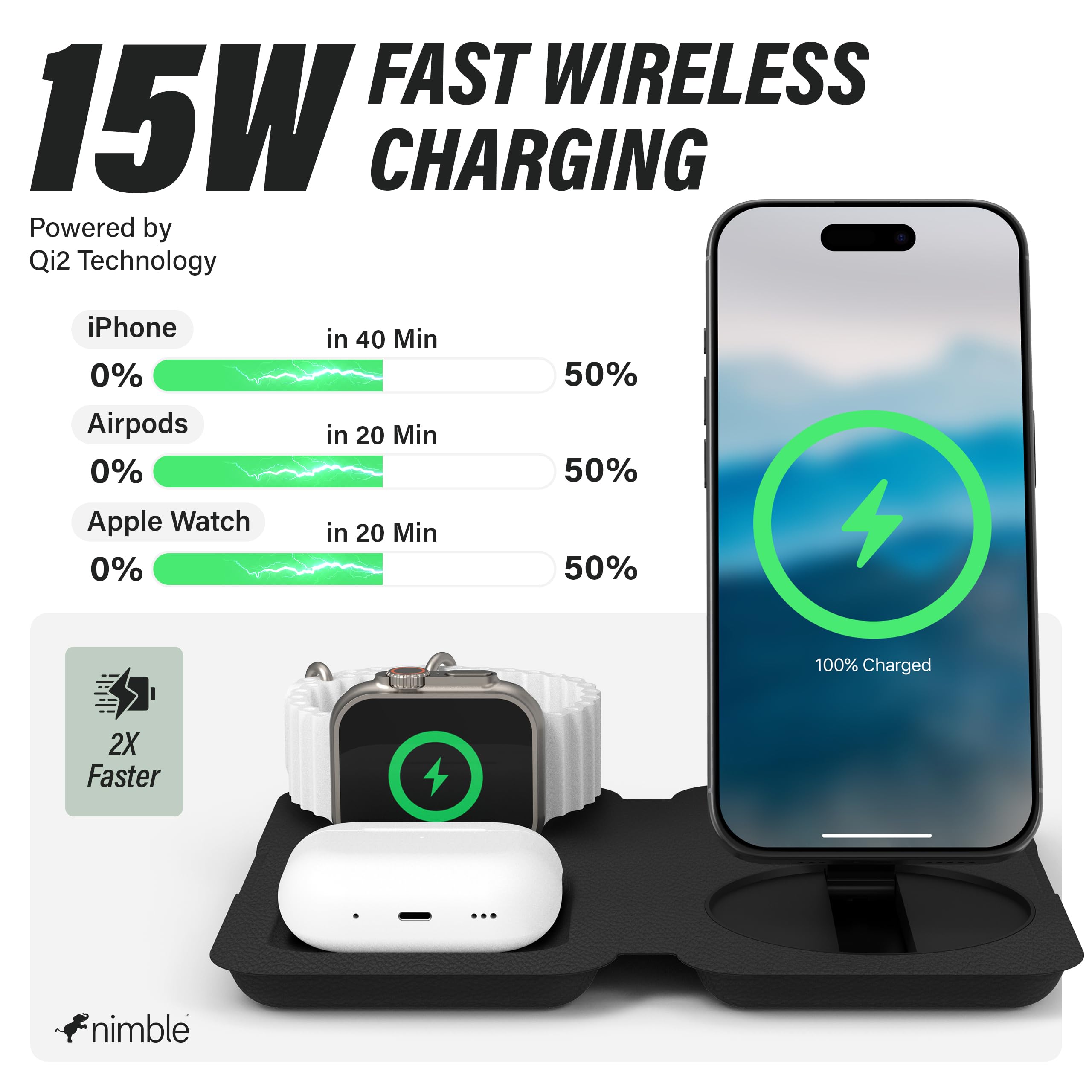 Nimble Stazione di ricarica wireless pieghevole 3 in 1 per iPhone e AirPods, supporto di ricarica Qi2 da 15 W compatibile con MagSafe, dock di ricarica wireless per iPhone 17/16/15/14/13/12