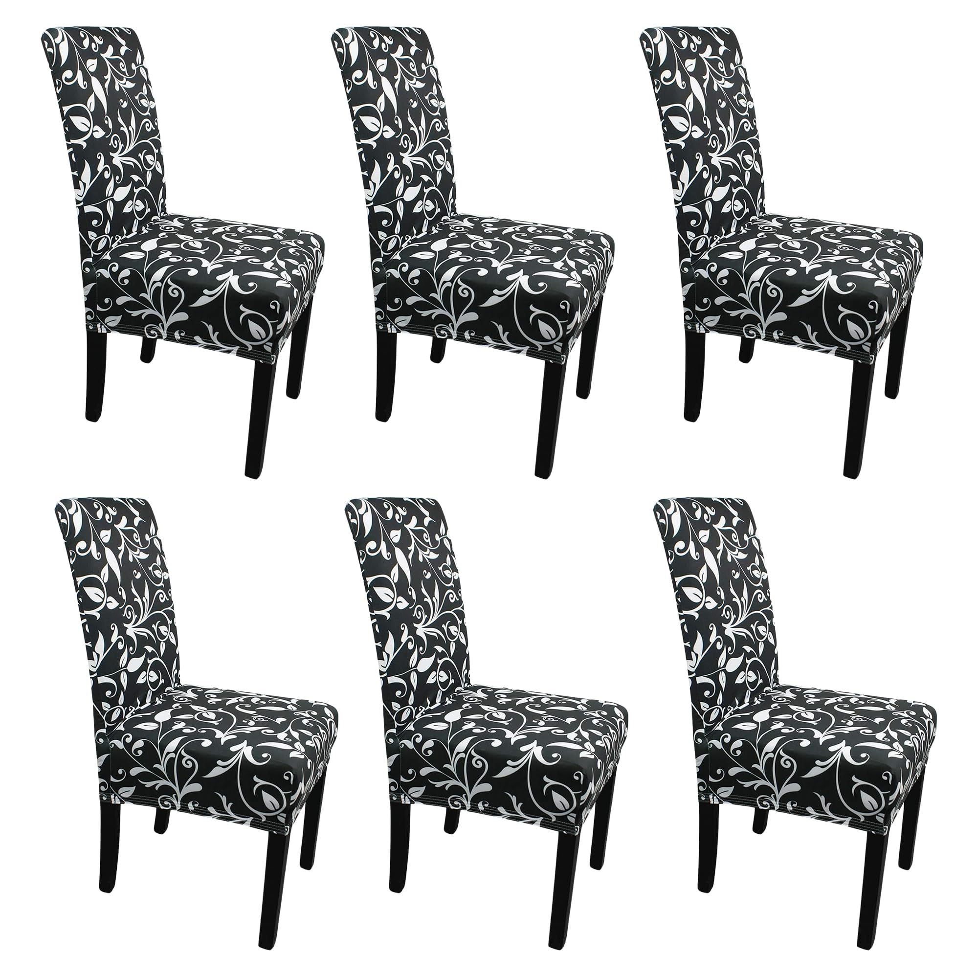 Printed High-Back Chair Covers for Dining Room Chairs – Spandex Stretch, Universal Armless Chair Protective Slipcover for Kitchen, Wedding, Party, Banquet & Hotel, Floral Creeper - Black, Pack of 6 — image 1
