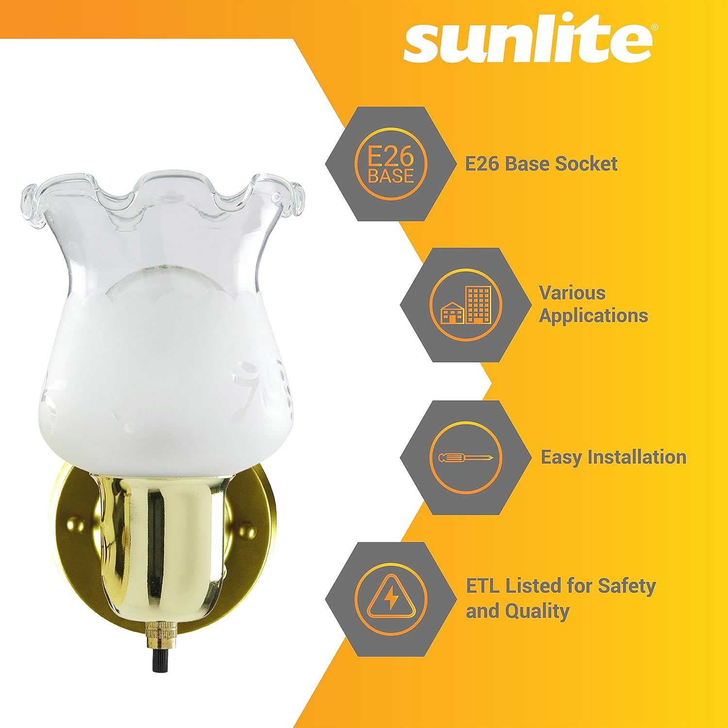 Sunlite 04530 4.5-Inch Tulip Shaped Wall Mount Light Fixture, Polished Brass Finish, 60W A19 Max Bulb, Medium E26 Base, 120 Volts, Built-in Switch, ETL Listed, For Hallways, Living Room and Office Use