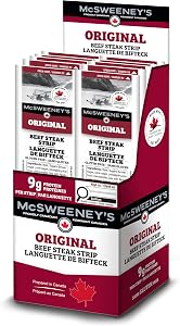 McSweeney's Original Beef Steak Strips Box. 100% Made in Canada, Naturally Smoked, High Protein Snacks, Gluten Free, Meat Snacks, Shelf Stable, Bulk Case 28g (Pack of 12)