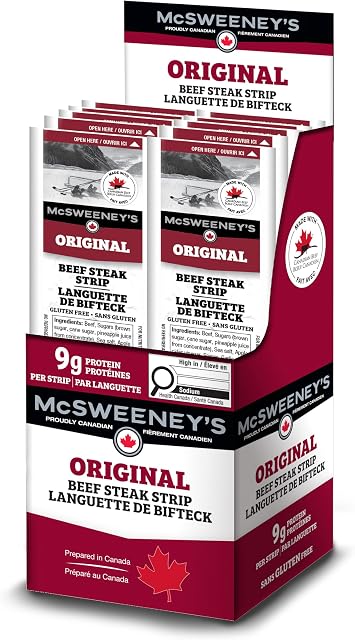 McSweeney's Boîte originale de steak de boeuf. 100% Fabriqué au Canada, naturellement fumé, haute teneur en protéines, sans gluten, viande, étagère stable, cas en vrac 28g (Boîte de 12)