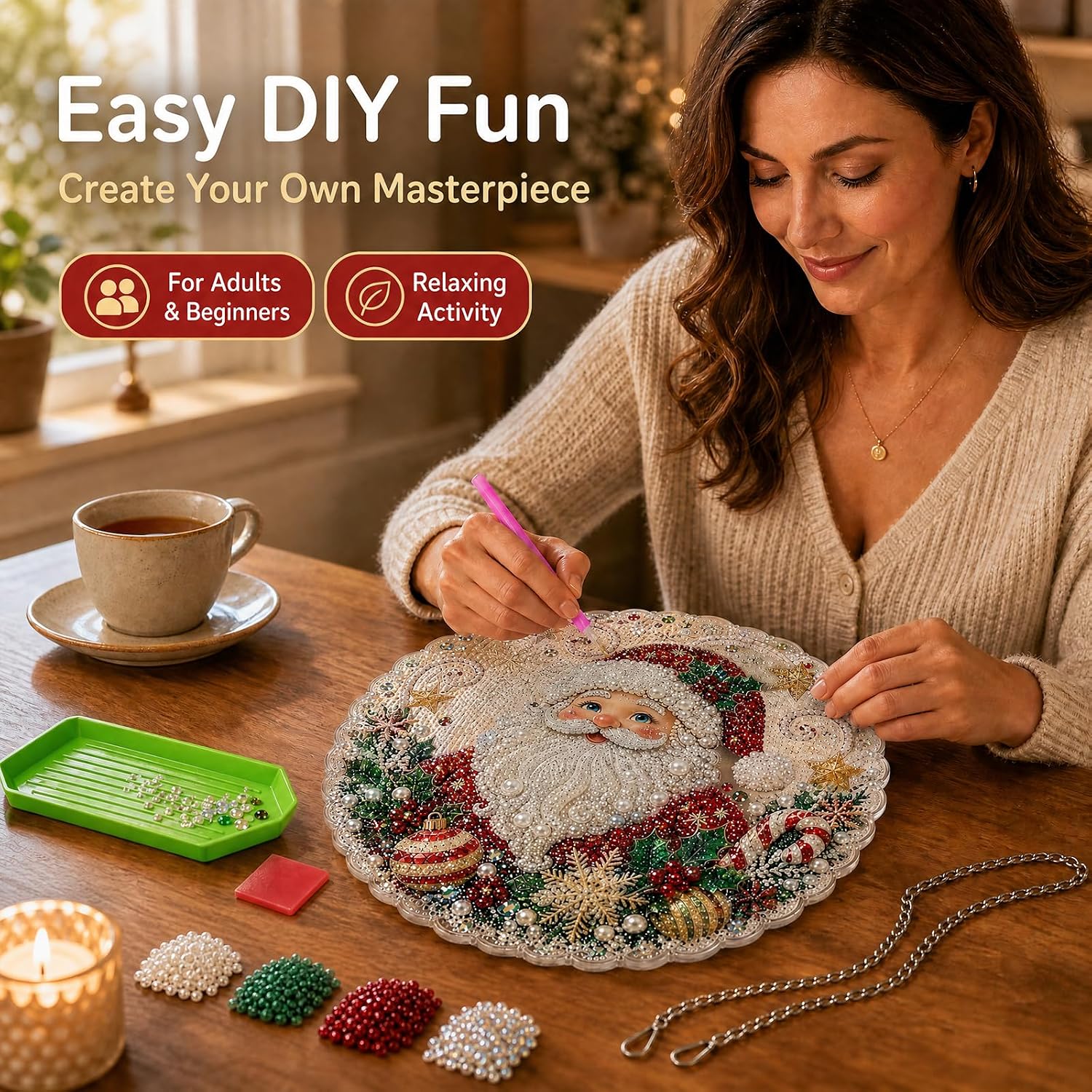 Christmas Pearl Bead Suncatcher Kit, DIY Hanging Craft with Pre-Assembled Metal Chain, Lace-Trimmed Acrylic Round Plate, 3D Mixed-Size Bead Decoration for Christmas Tree, Window, Wall and Home Decor