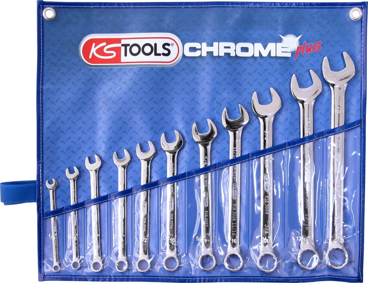 KS Tools 518.3000 CHROMEplus zestaw kluczy płasko-oczkowych, zagięte, 11-częściowy cal
