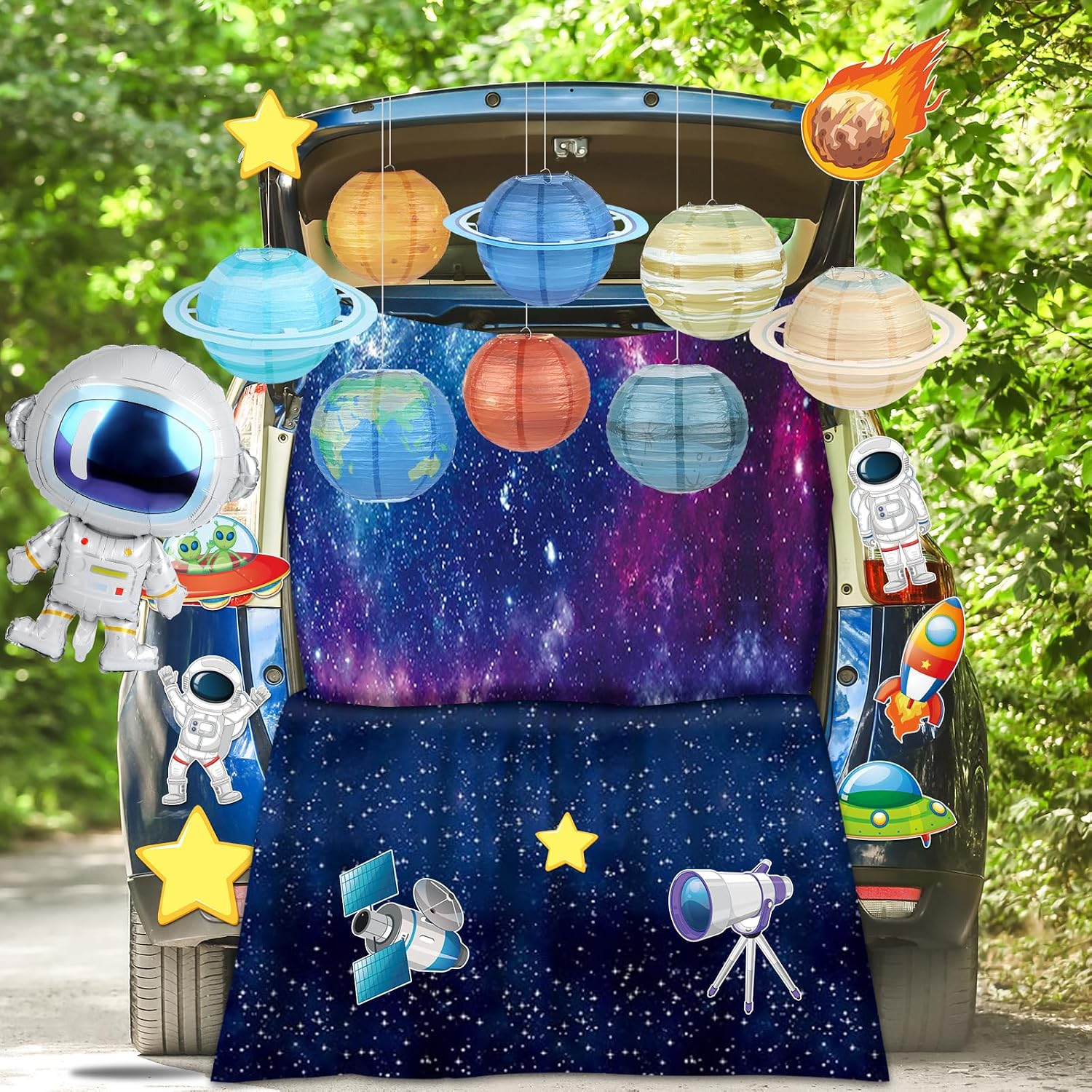 Naozinebi Halloween Space Trunk Car Decoration Kit Solar System Decor Star Astronaut Party Supply Halloween Car Outdoor Decor for Church Cars Archway Garage Door Haunted House Decoration