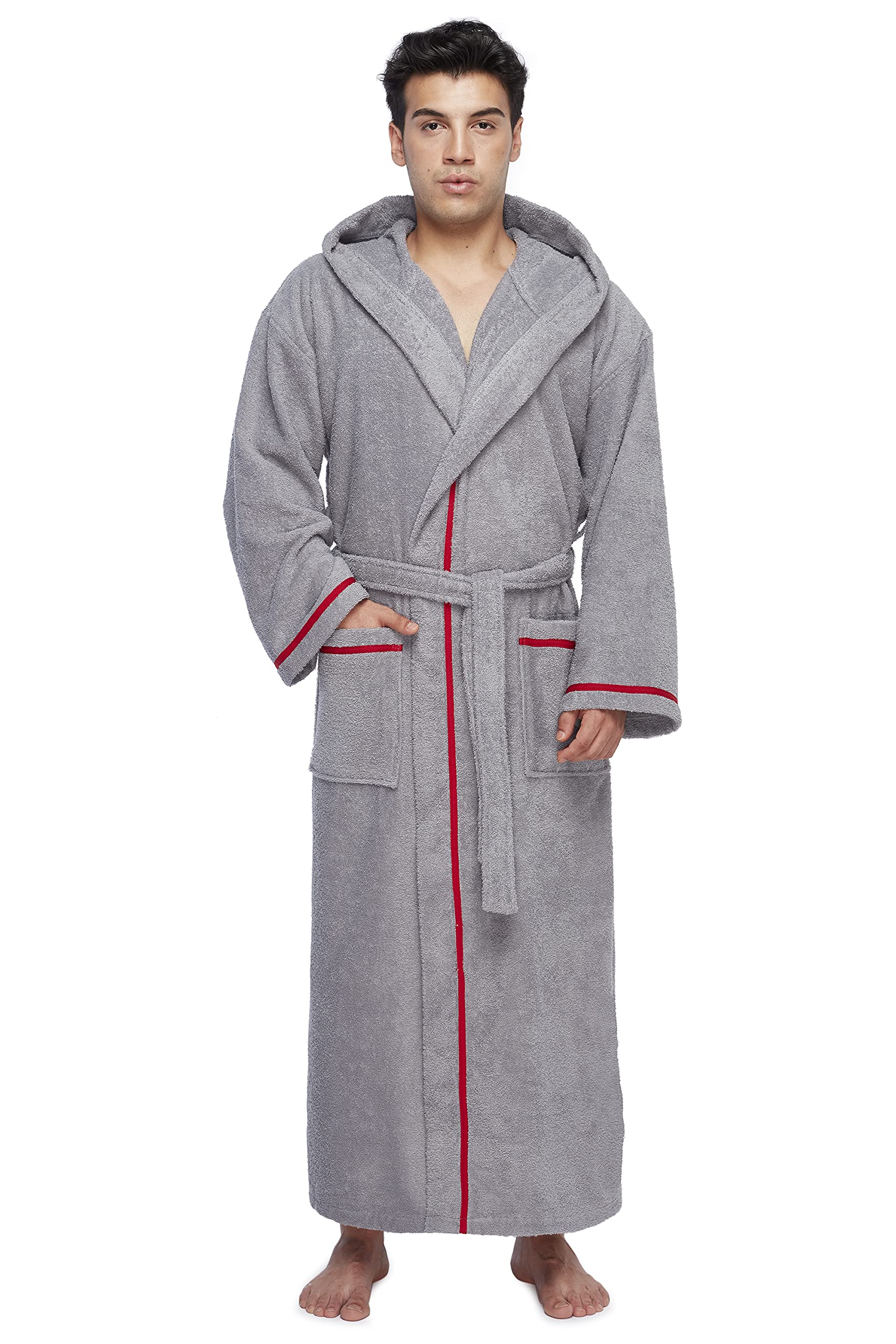 Arus Mens Long Hooded Classic Bathrobe Turkish Cotton Robe