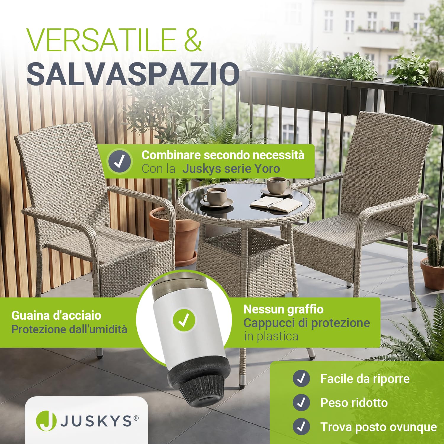 Juskys tavolino da giardino Yoro - Piccolo, rotondo, compatto, resistente alle intemperie - Piano in vetro e polyrattan - Ø 60 cm - Grigio
