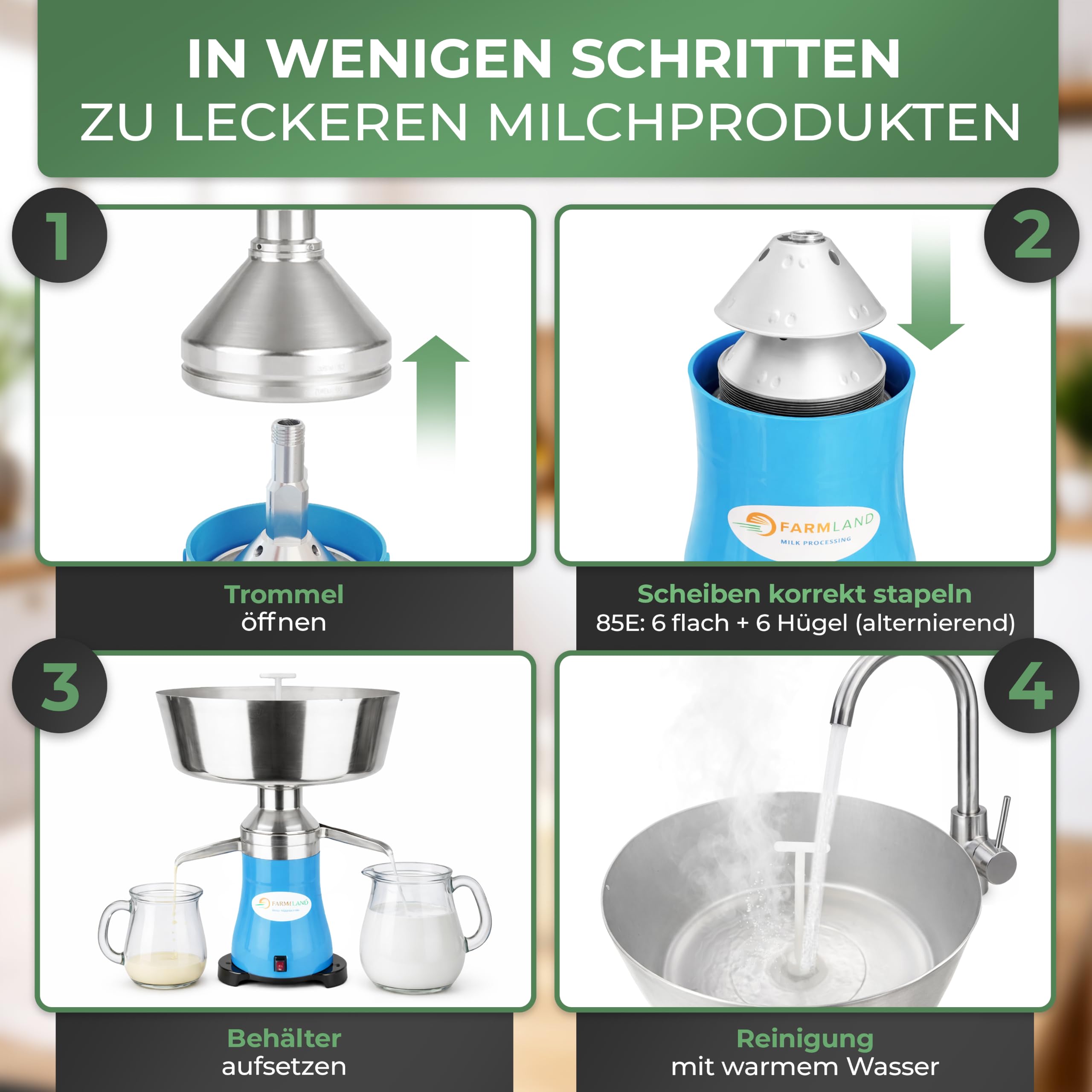Farmland Milchzentrifuge elektrisch - Leistungsstarker Milchseparator für 90 l/h - Hochwertiger Milchabscheider - Zentrifuge Milch für Anfänger & Profis - Einstellbare Rahmmenge 7-10%