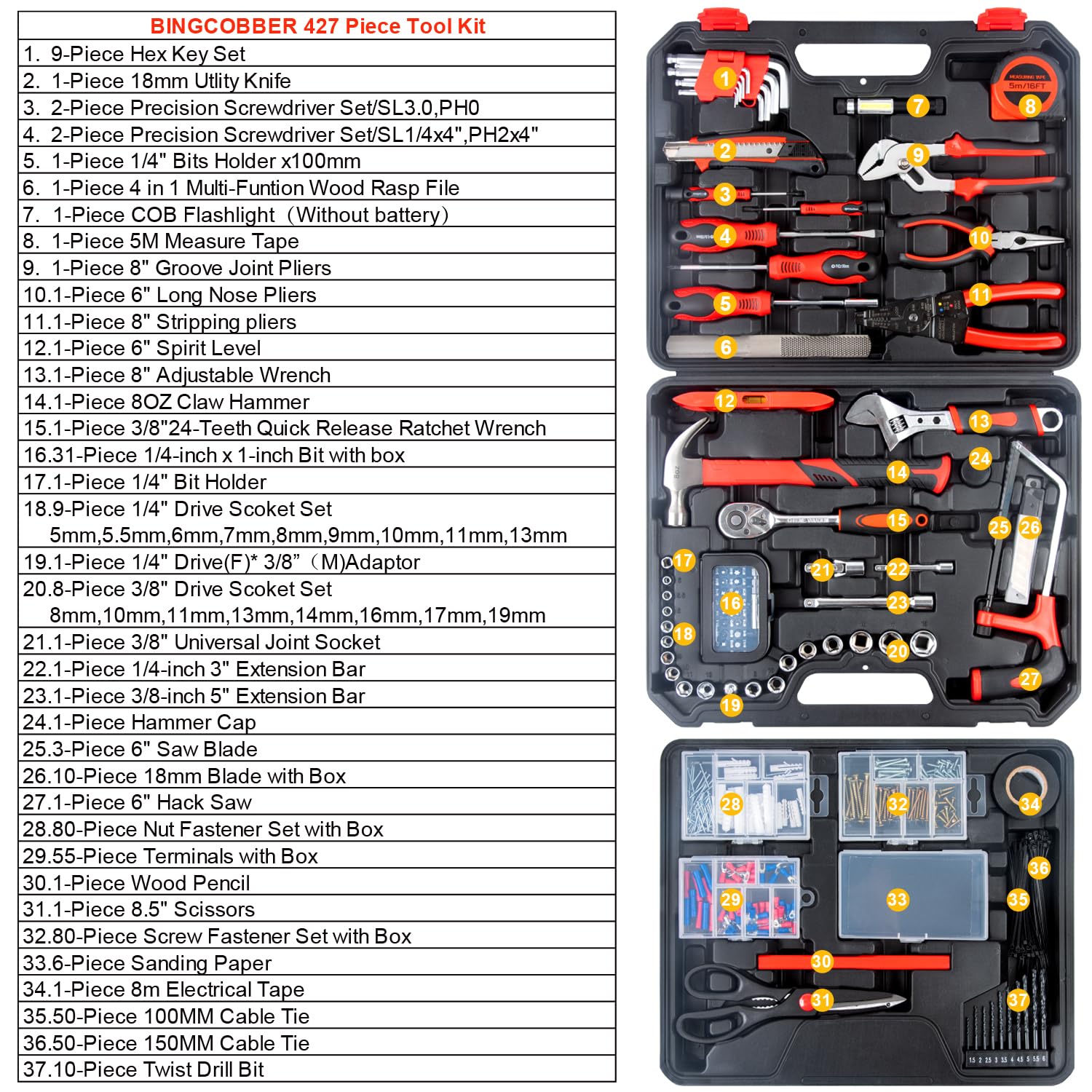 Kit di attrezzi 427, essenziale per la riparazione di casa/bicicletta/auto con cassetta degli attrezzi in plastica