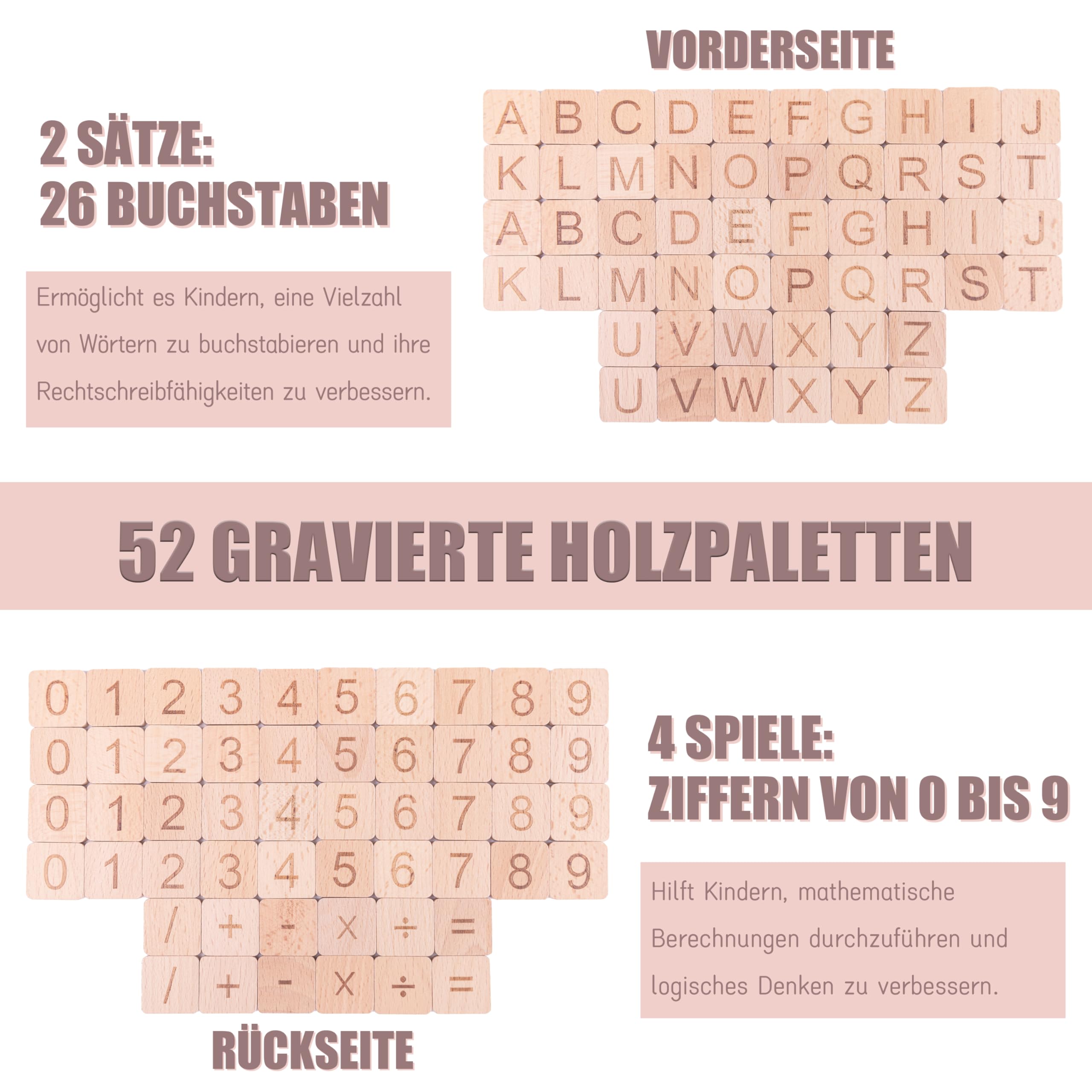 Montessori Holzspielzeug ab 3 Jahren – 3-in-1 Lernbox aus Holz: Buchstaben, Lesen Lernen, Zahlen & Rechnen – Lernspielzeug Kinder Geschenk zur Einschulung & Vorschule