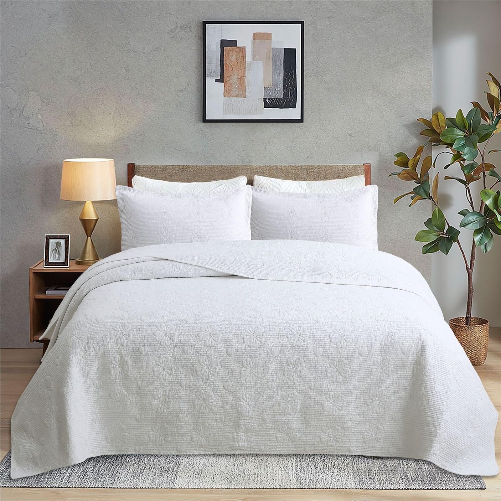 Phhca White Quilt Set 3 Pieces,Bedspreads Soft Bed Quilt,Ultra-Soft Bedspread Coverlet With 2 Pillow Shams(,230X250cm/90X98in)