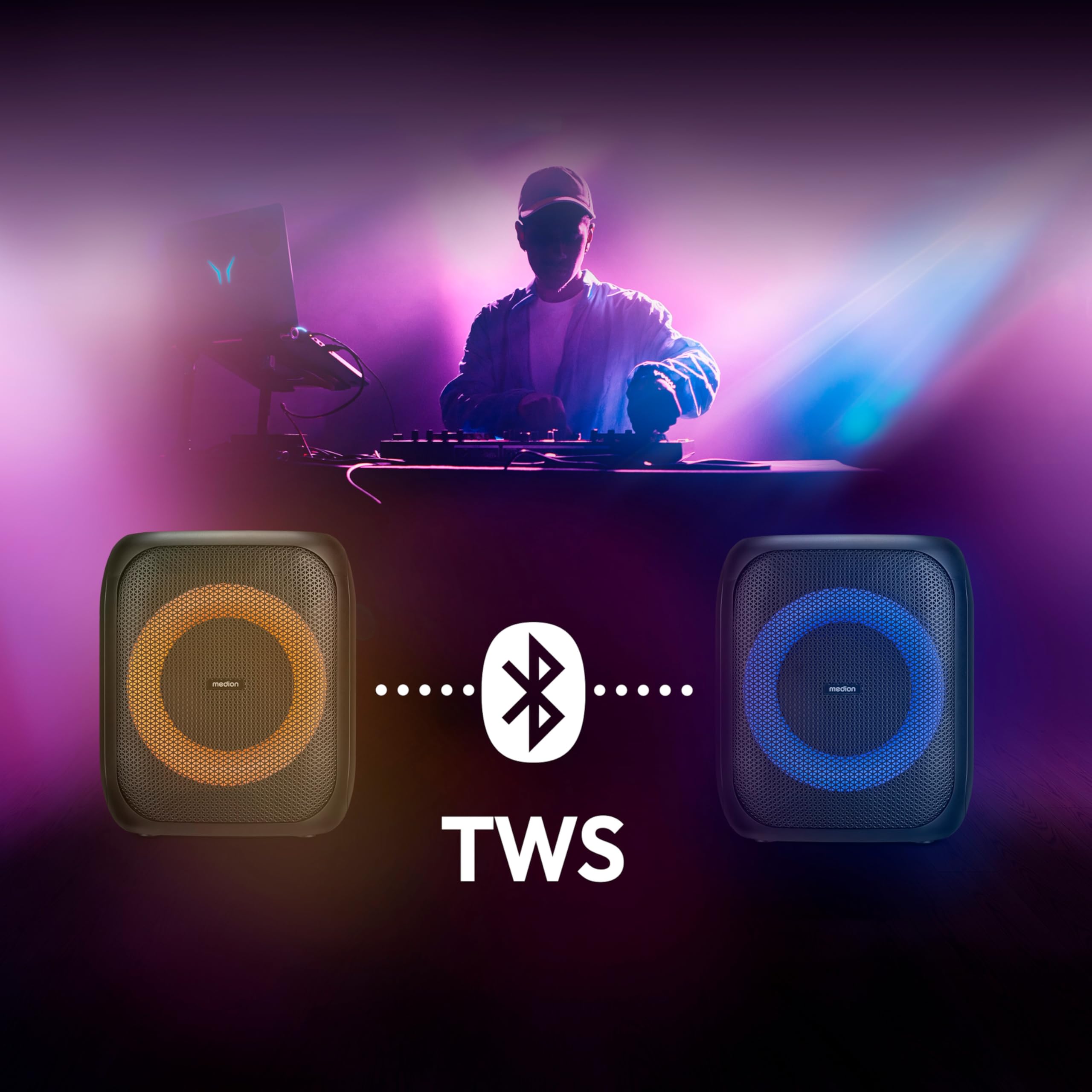 MEDION S61991 Partylautsprecher mit Bluetooth (Partysoundsystem inklusive Mikrofon, Party Box, tragbares Soundsystem, integrierter Akku, für drinnen und draußen, Lichteffekte, TWS)