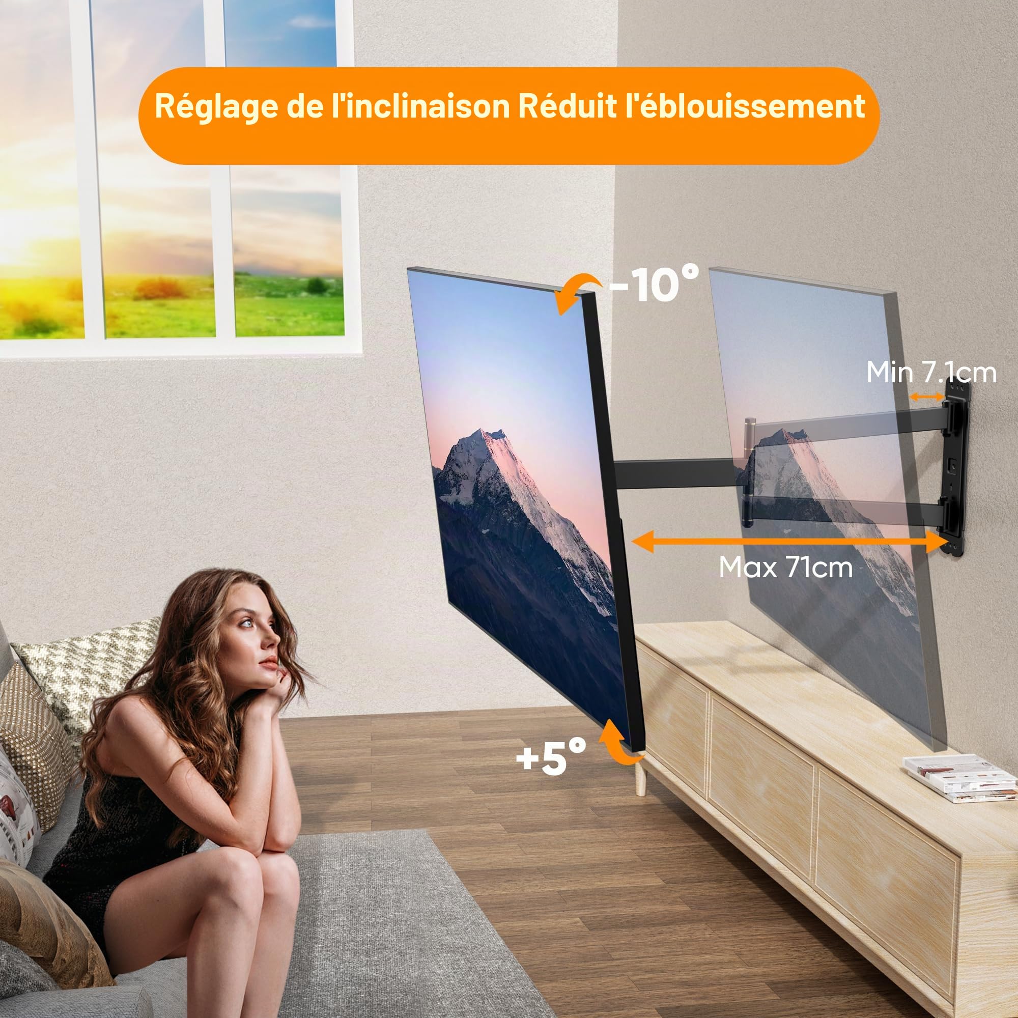 Support Mural TV pour Téléviseurs 32-75 Pouces, Support Mural TV Longue Portée avec Extension Lisse 710mm, Support Mural Universel pour Téléviseur jusqu'à 45kg, VESA 600x400mm