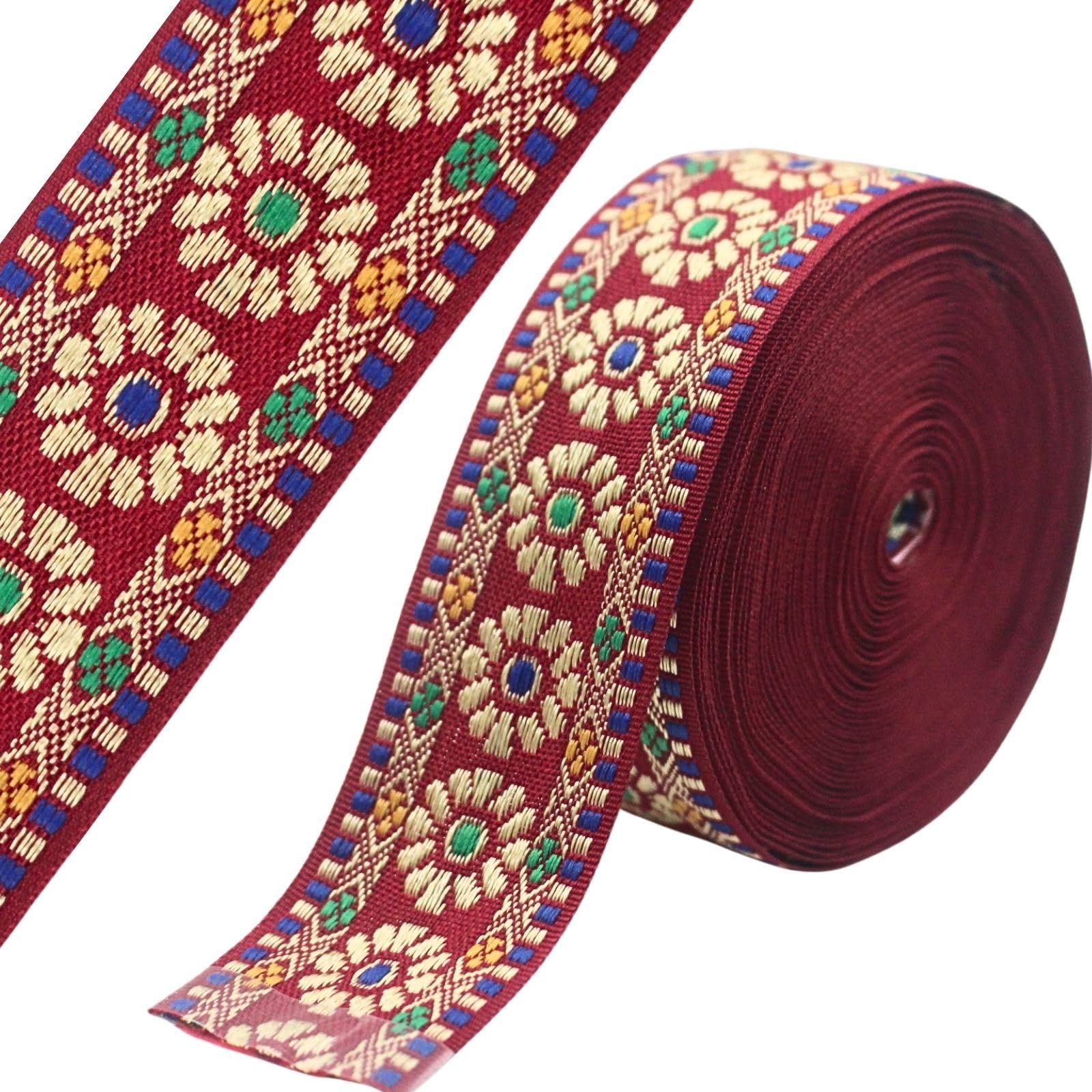 PEARLY JUN 7 Yards Deep Red Jacquard Ribbon Embroidered Vintage Ethnic