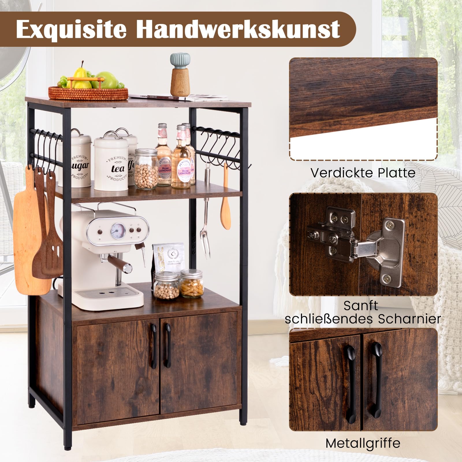COSTWAY Küchenregal mit Schrank, 3-stöckiger Bäckerregal mit 2 offenen Ablagen & 10 Haken, Mikrowellenregal industriell mit Metallrahmen, Standregal für Küche, Esszimmer, 60 x 40 x 100cm