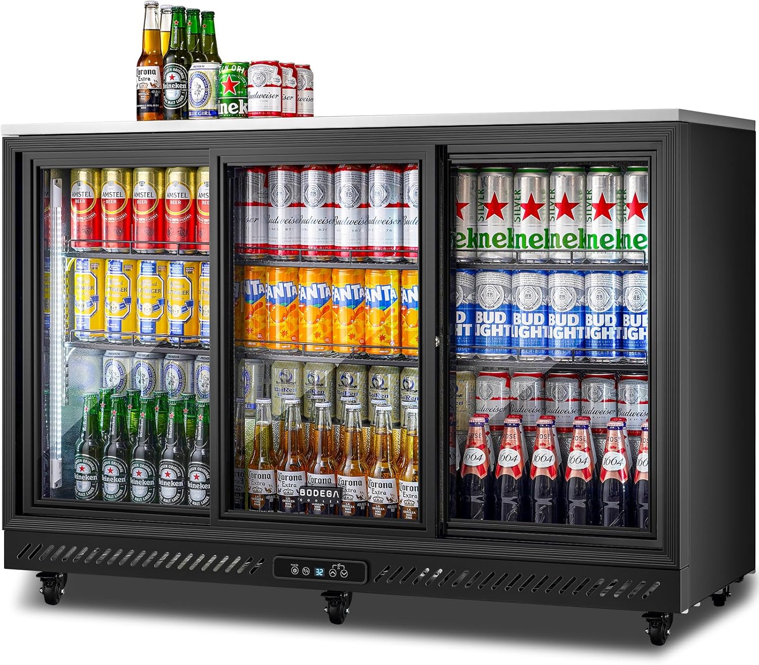 BODEGACOOLER Back Bar Cooler,12 Cu.ft Commercial Beverage Refrigerator with 3 Sliding Glass Doors, Stainless Top,Beverage Fridge Perfect for Beer,Wine,Soda,DOE Approved, With Casters