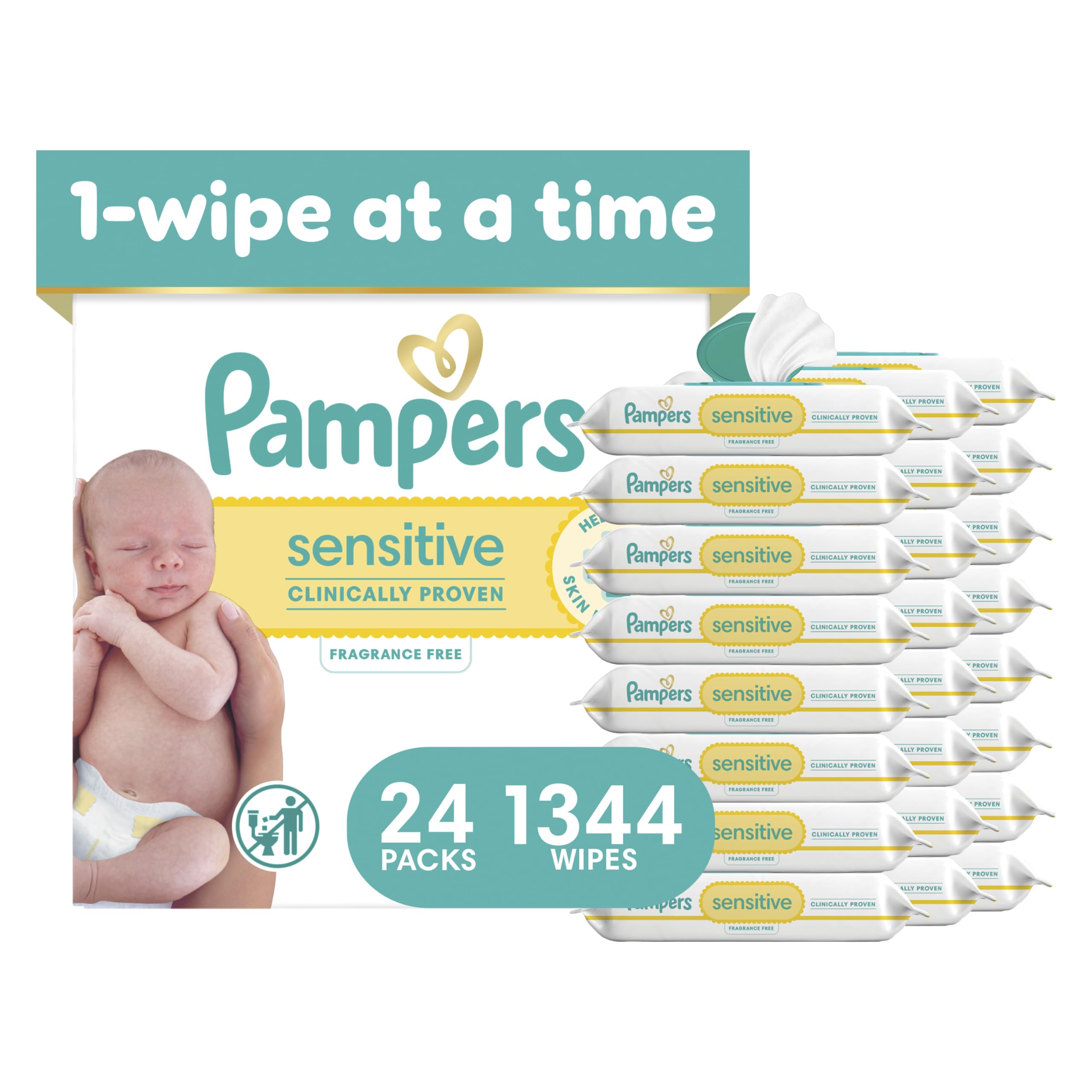 Pampers Sensitive Baby Wipes, Unscented, Fragrance Free, Clinically Proven, Water Based, Hypoallergenic, Multi-Use, Hand Wipes, 1344 Wipes Total (24X Flip-Top Packs)