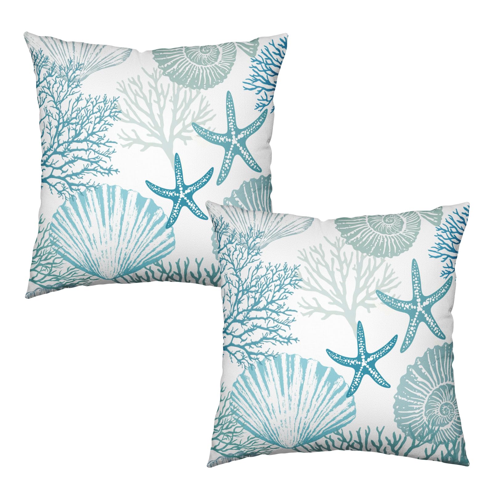 Wnoesat Nautical Coastal Blue Throw Pillow Covers 20x20 Set of 2 Summer Turquoise Teal Beach Outdoor Pillow Cover Coral Seashell Starfish Ocean