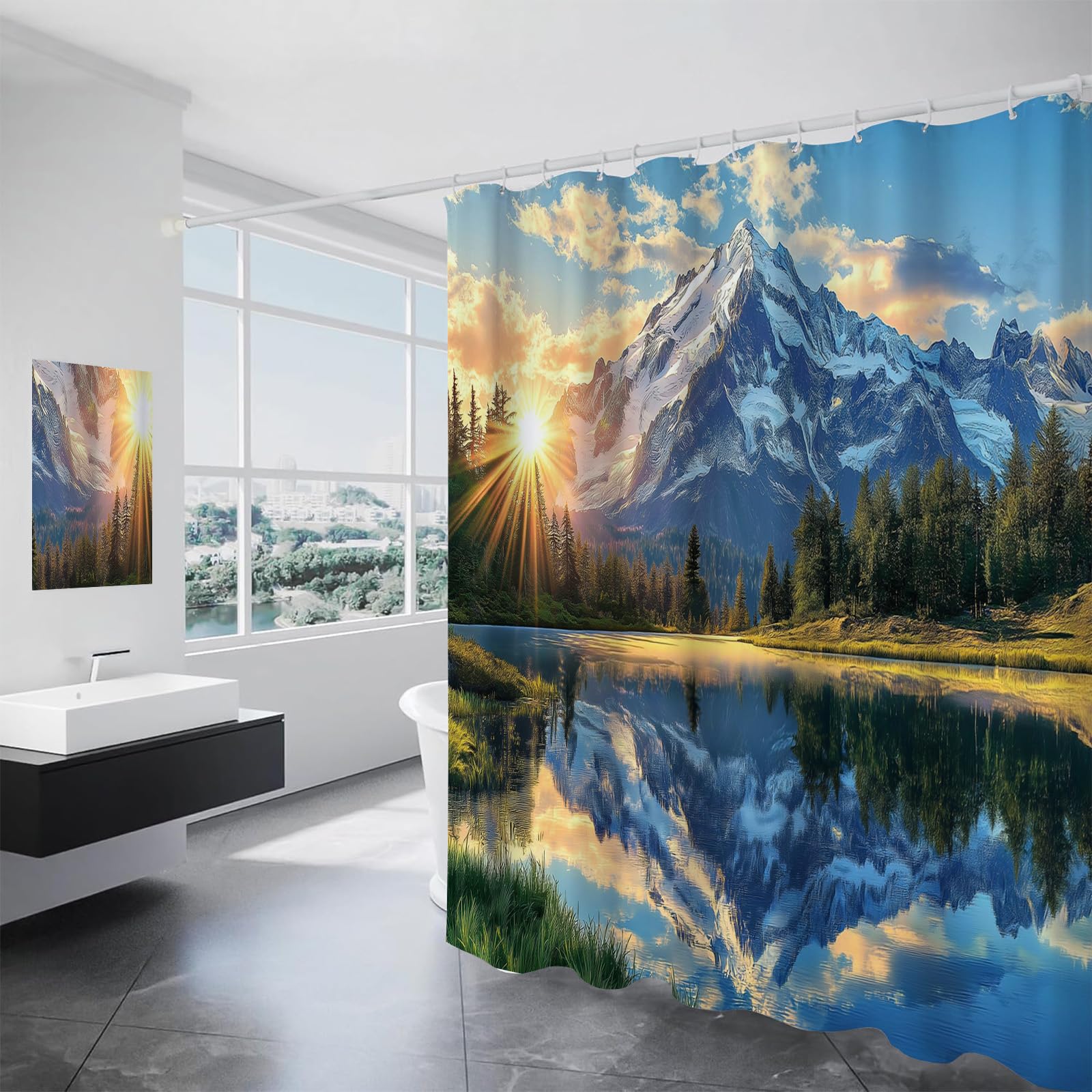 Duschvorhang Bergblick, klarer See Duschvorhänge Anti-Schimmel Wasserdicht Stoff Blickdicht Waschbar Bad Vorhang mit Haken für Badzimmer H200 x B180 cm (1er Pack)
